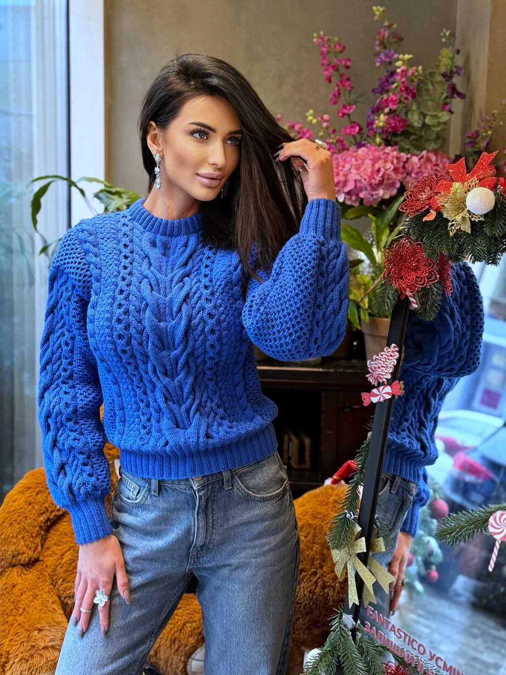 Hand knitted royal blue Aran merino wool sweater for women Cable knit braids jumper Loose knit pullover Chunky knit braids pullover