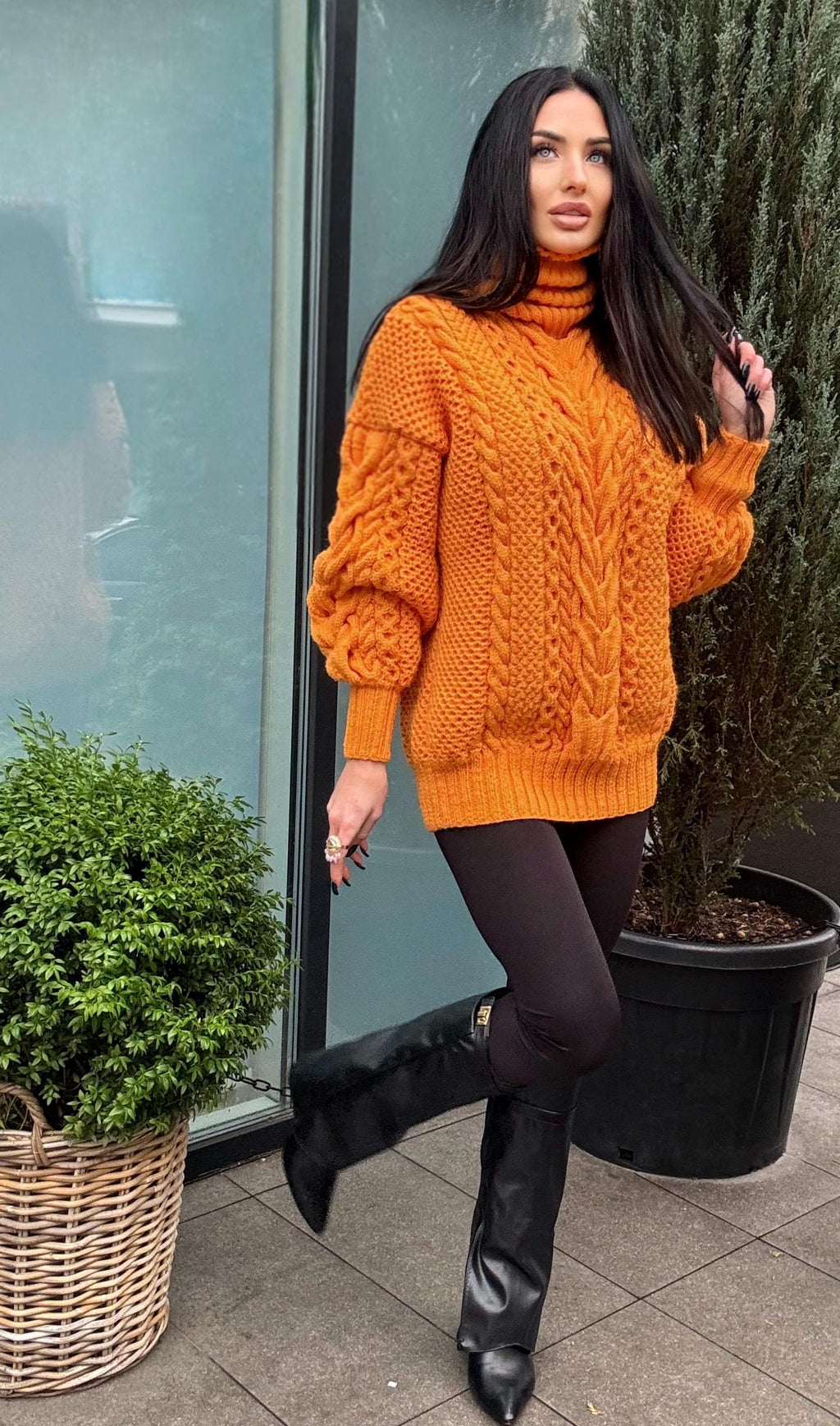 Aran long hand knitted orange merino merino wool sweater dress Turtleneck cable knit pullover women Сhunky knit big sweater