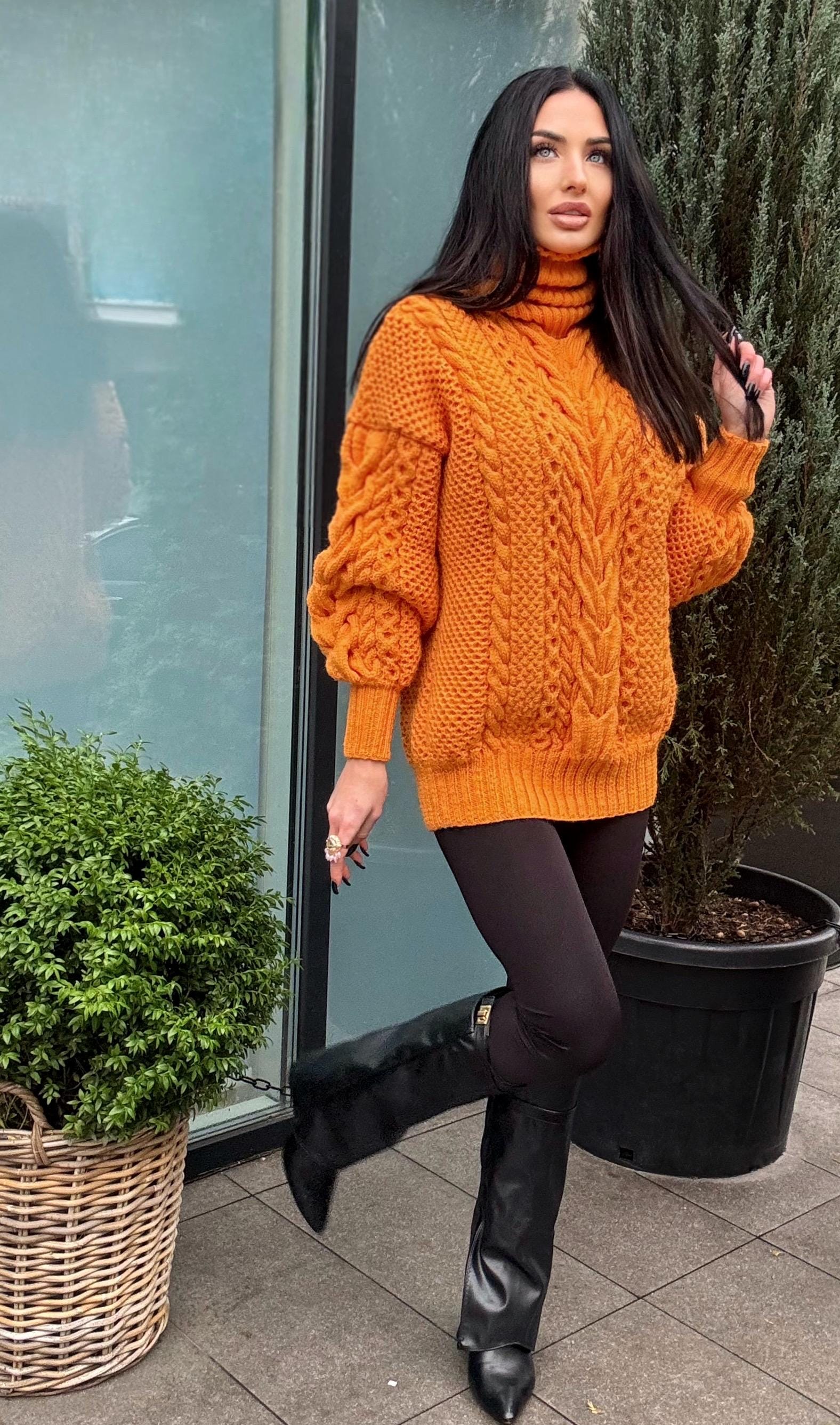 Aran long hand knitted orange merino merino wool sweater dress Turtleneck cable knit pullover women Сhunky knit big sweater
