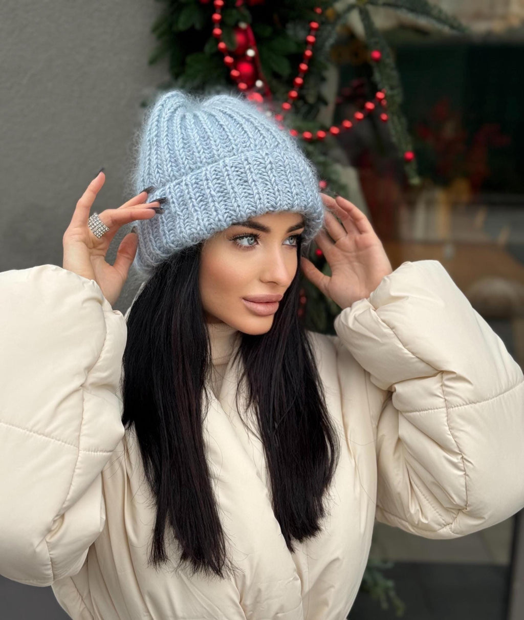 Mohair winter hat blue women Beanie hat blue Knitted fluffy hats Winter accessories Blue mohair Gift for her