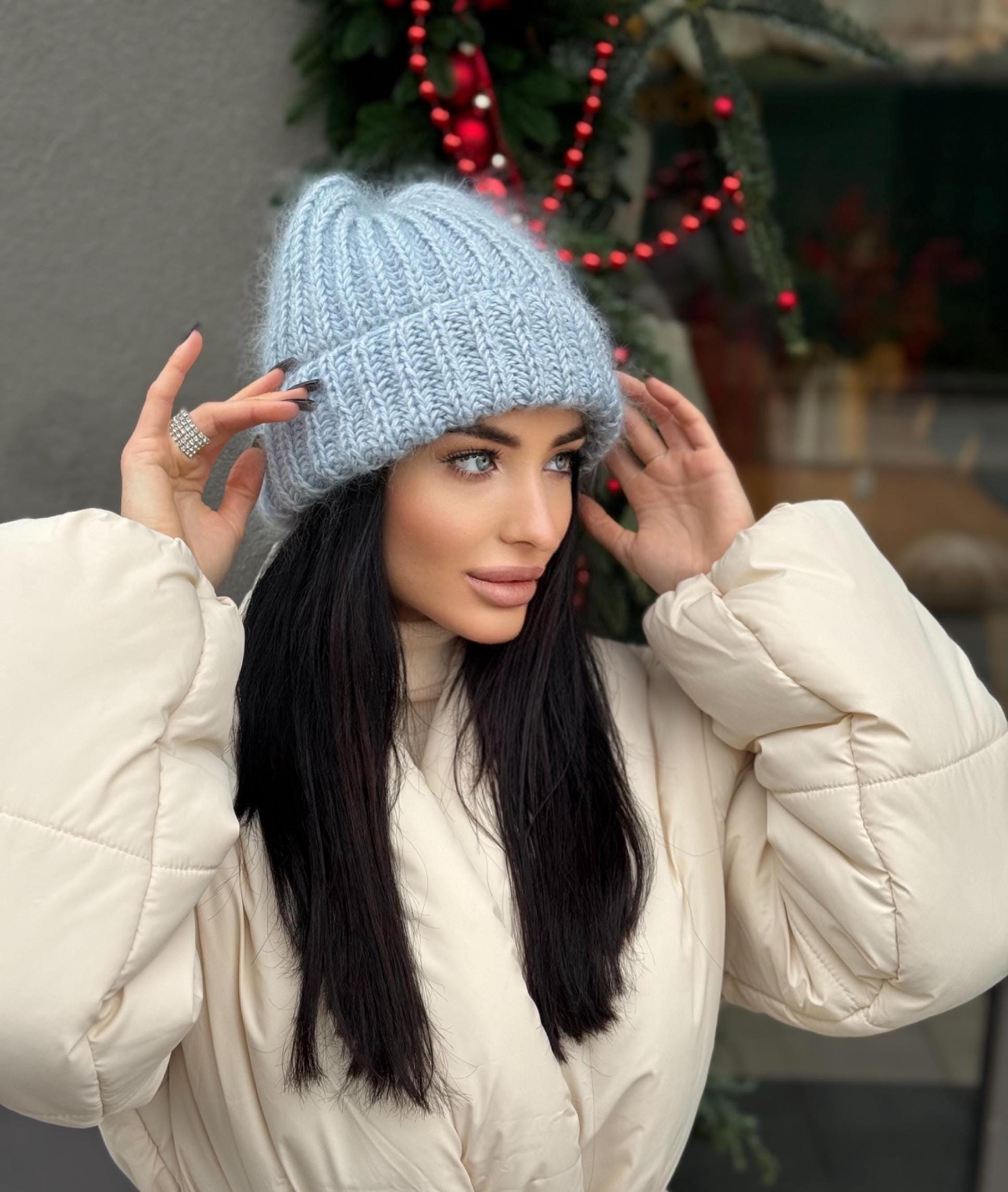 Mohair winter hat blue women Beanie hat blue Knitted fluffy hats Winter accessories Blue mohair Gift for her