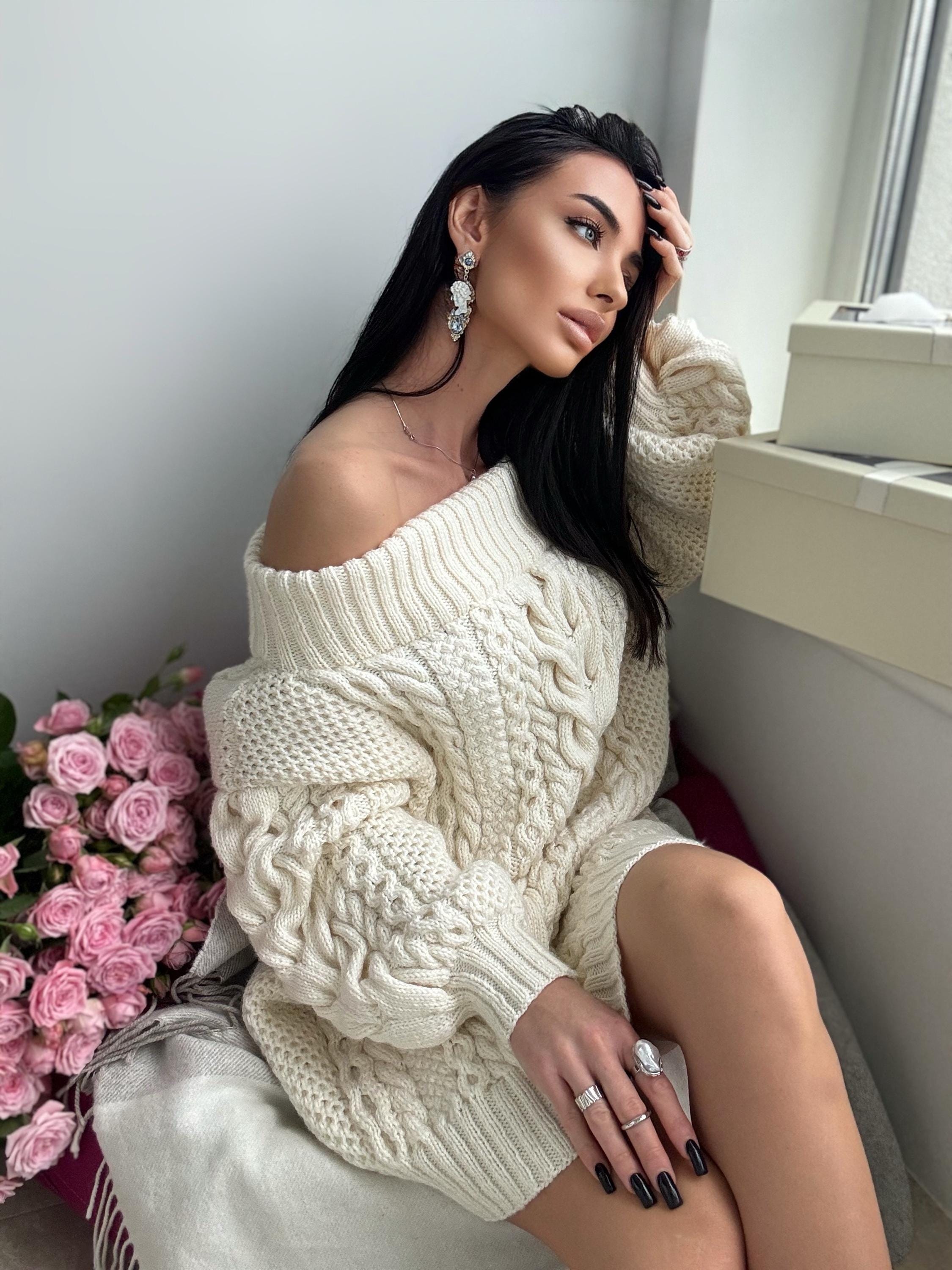 White milk hand knit Aran sweater dress women Off shoulder sweater Long Cable wool sweater Knitted one shoulder dress Big cozy dress