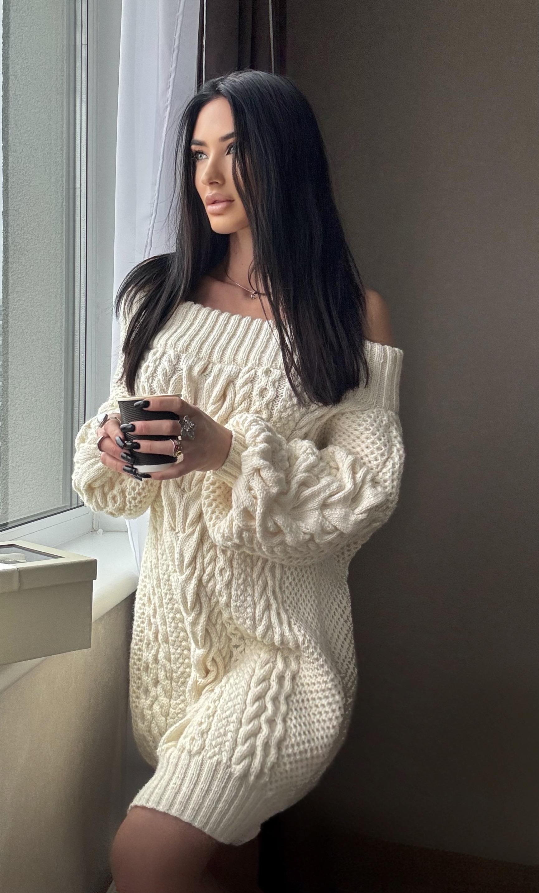 White milk hand knit Aran sweater dress women Off shoulder sweater Long Cable wool sweater Knitted one shoulder dress Big cozy dress