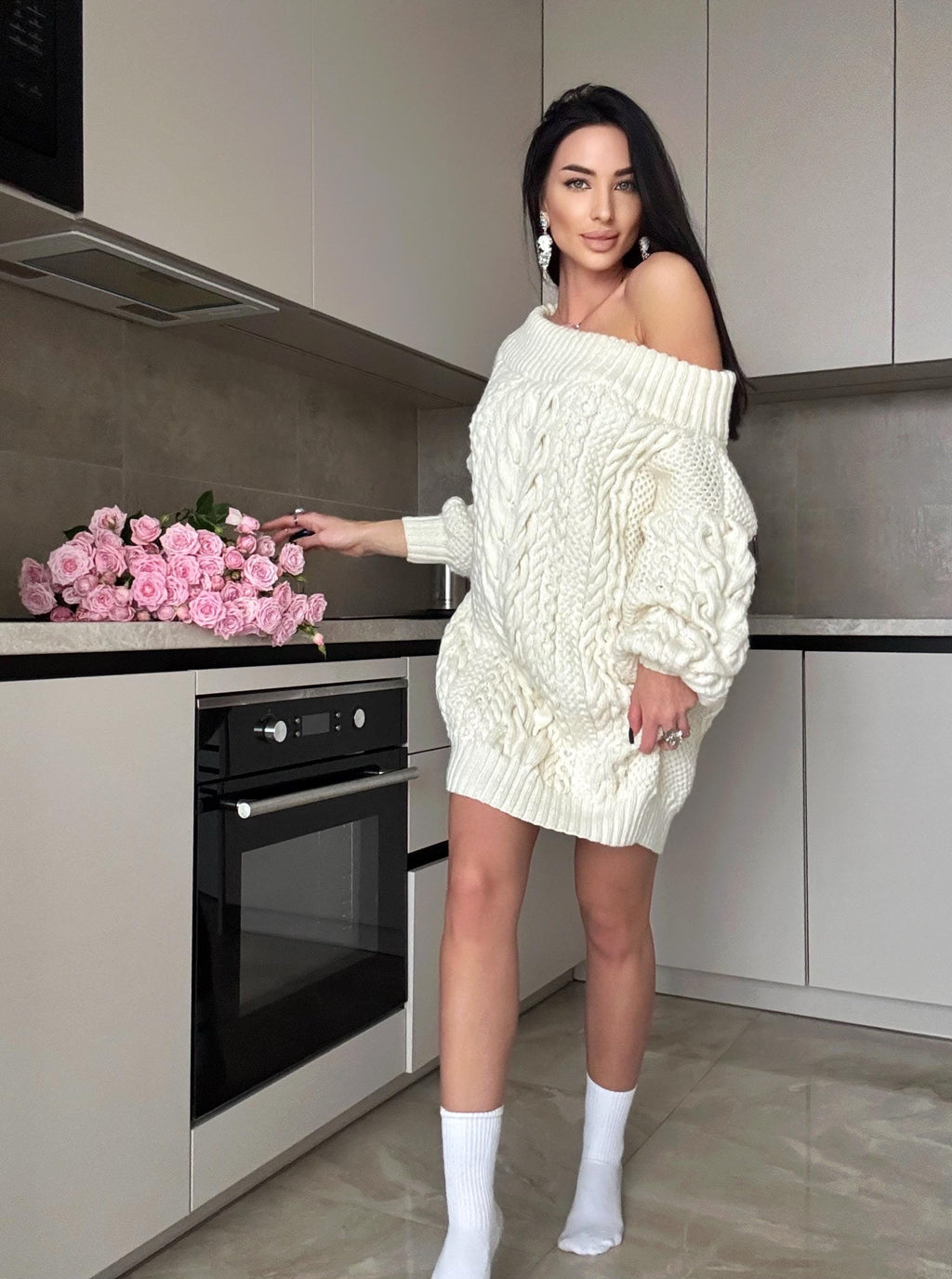 White milk hand knit Aran sweater dress women Off shoulder sweater Long Cable wool sweater Knitted one shoulder dress Big cozy dress