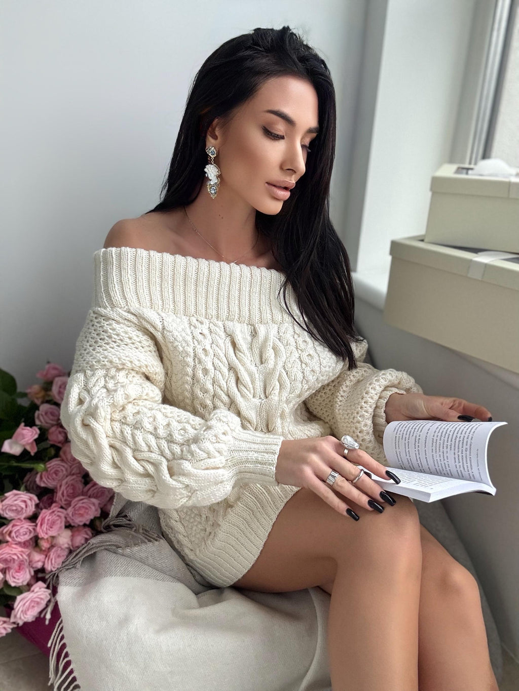 White milk hand knit Aran sweater dress women Off shoulder sweater Long Cable wool sweater Knitted one shoulder dress Big cozy dress