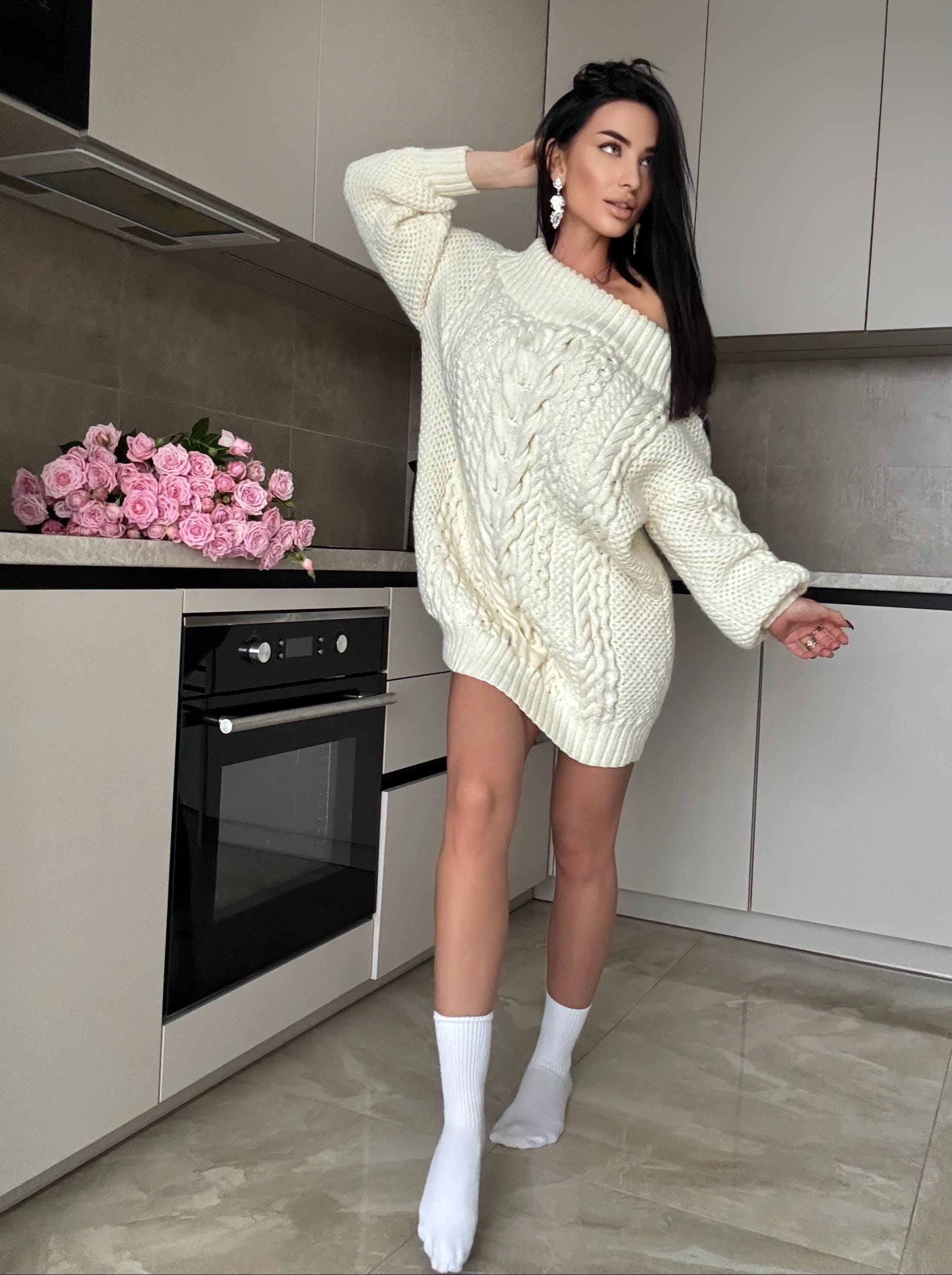 White milk hand knit Aran sweater dress women Off shoulder sweater Long Cable wool sweater Knitted one shoulder dress Big cozy dress