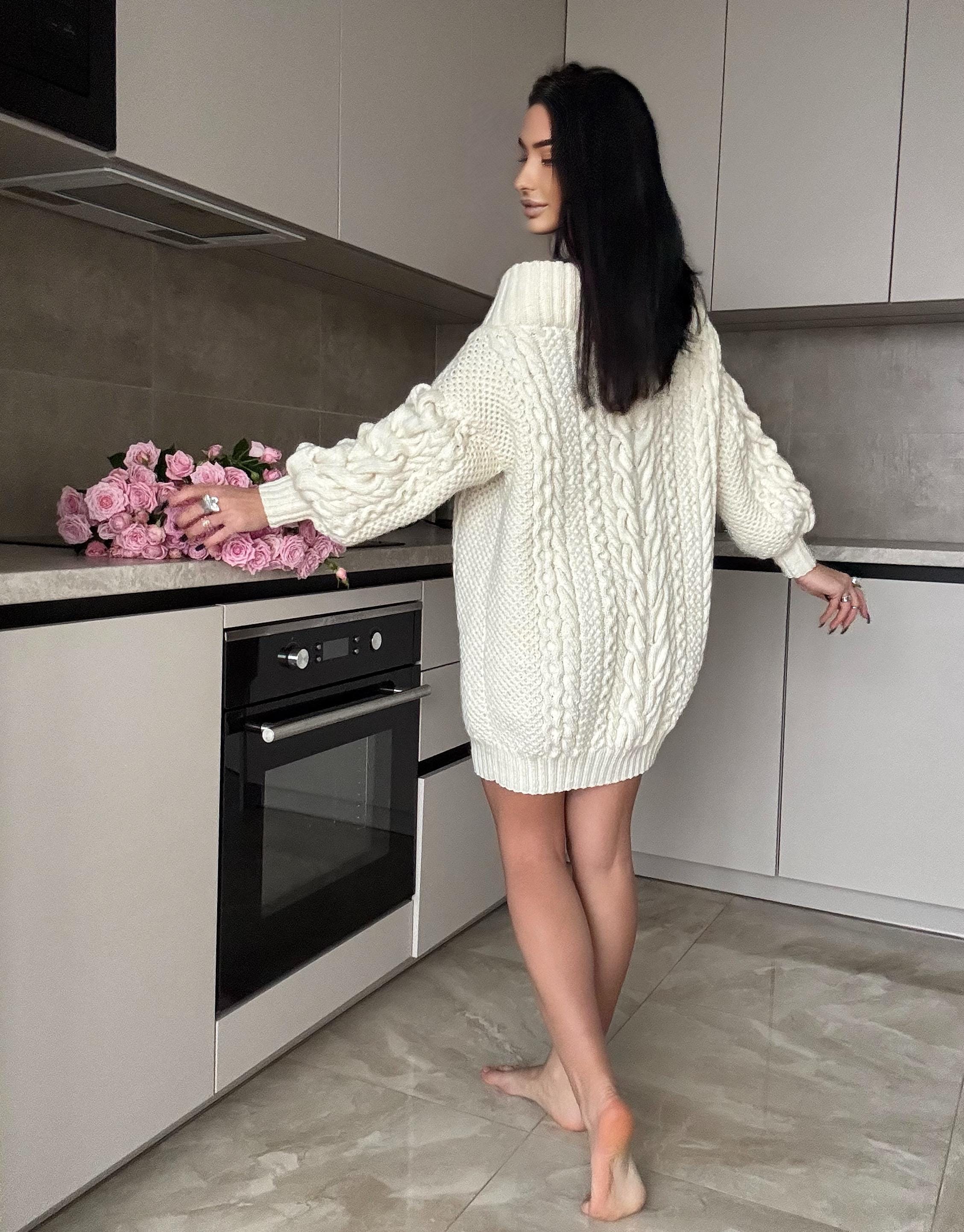 White milk hand knit Aran sweater dress women Off shoulder sweater Long Cable wool sweater Knitted one shoulder dress Big cozy dress