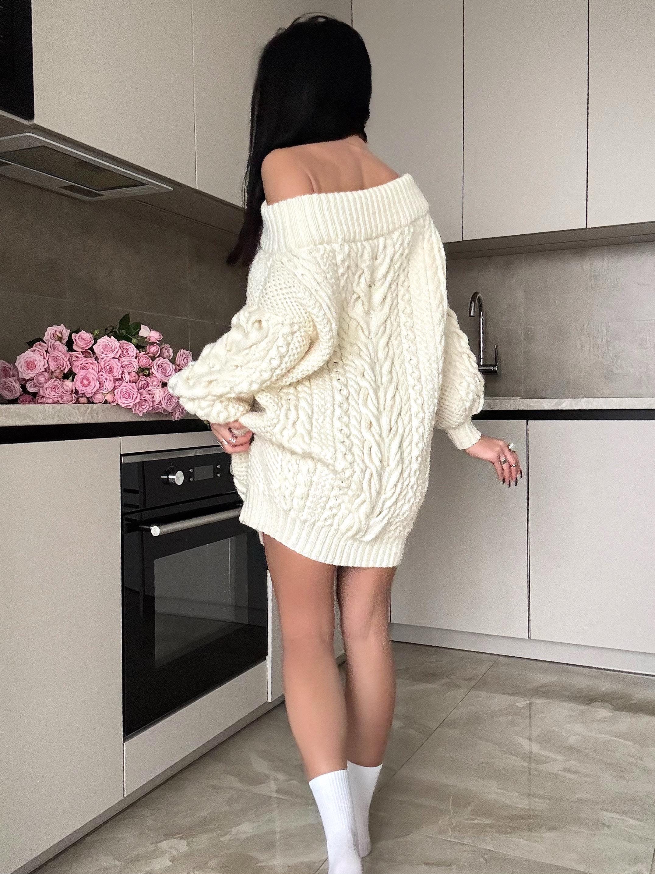 White milk hand knit Aran sweater dress women Off shoulder sweater Long Cable wool sweater Knitted one shoulder dress Big cozy dress