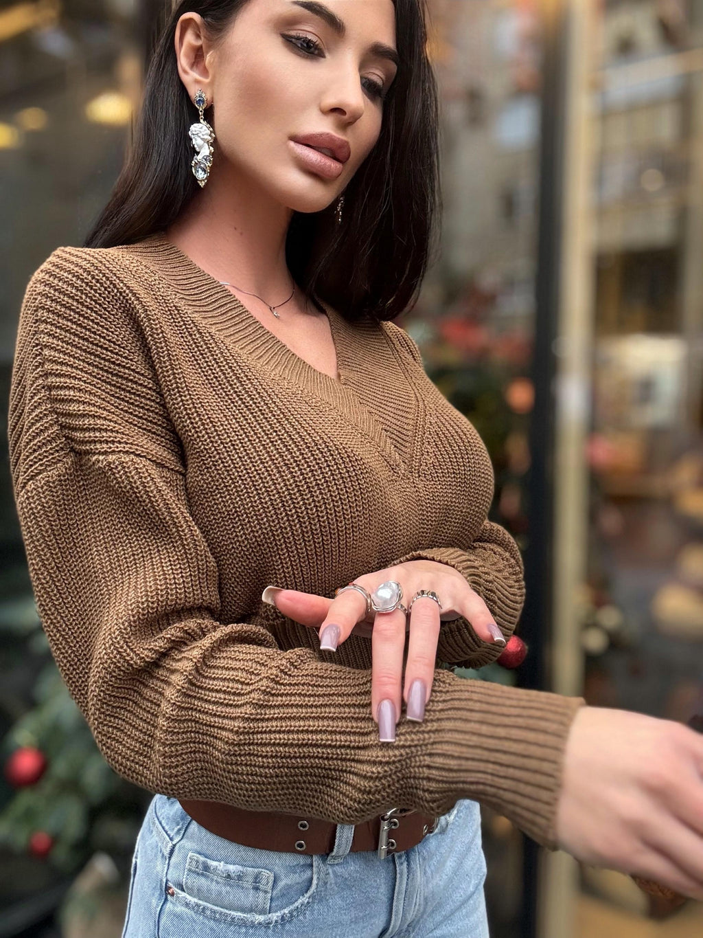 Organic cotton light brown sweater crop top Cable knit V collar dark beige cotton merino wool pullover Chunky knit black fall oversiz V neck