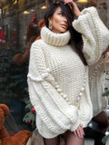 Big alpaca wool hand knit White Milk sweater dress turtleneck Cable knit high collar big sweater Chunky knitted Super Bulky Sweater dress