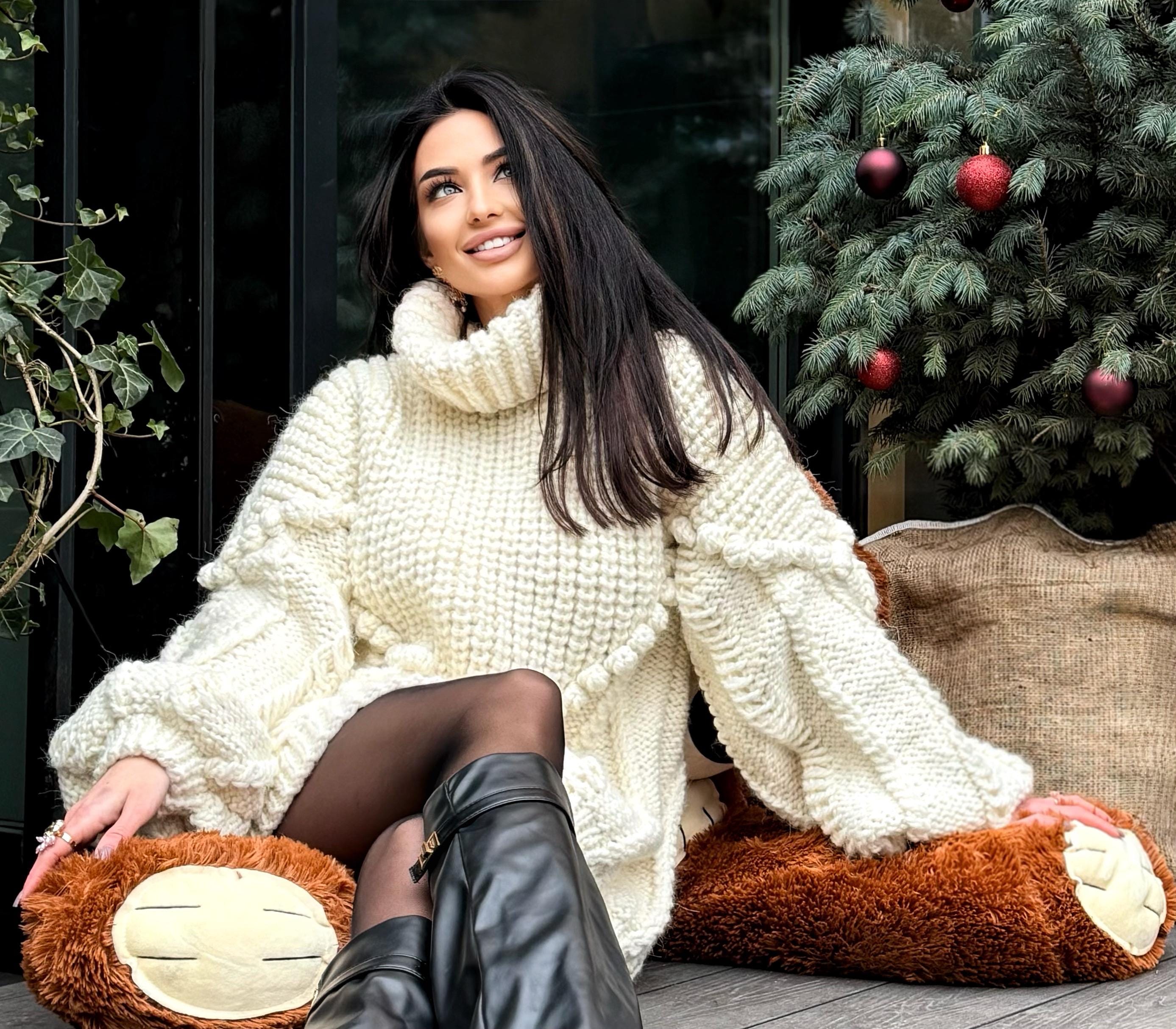 Big alpaca wool hand knit White Milk sweater dress turtleneck Cable knit high collar big sweater Chunky knitted Super Bulky Sweater dress