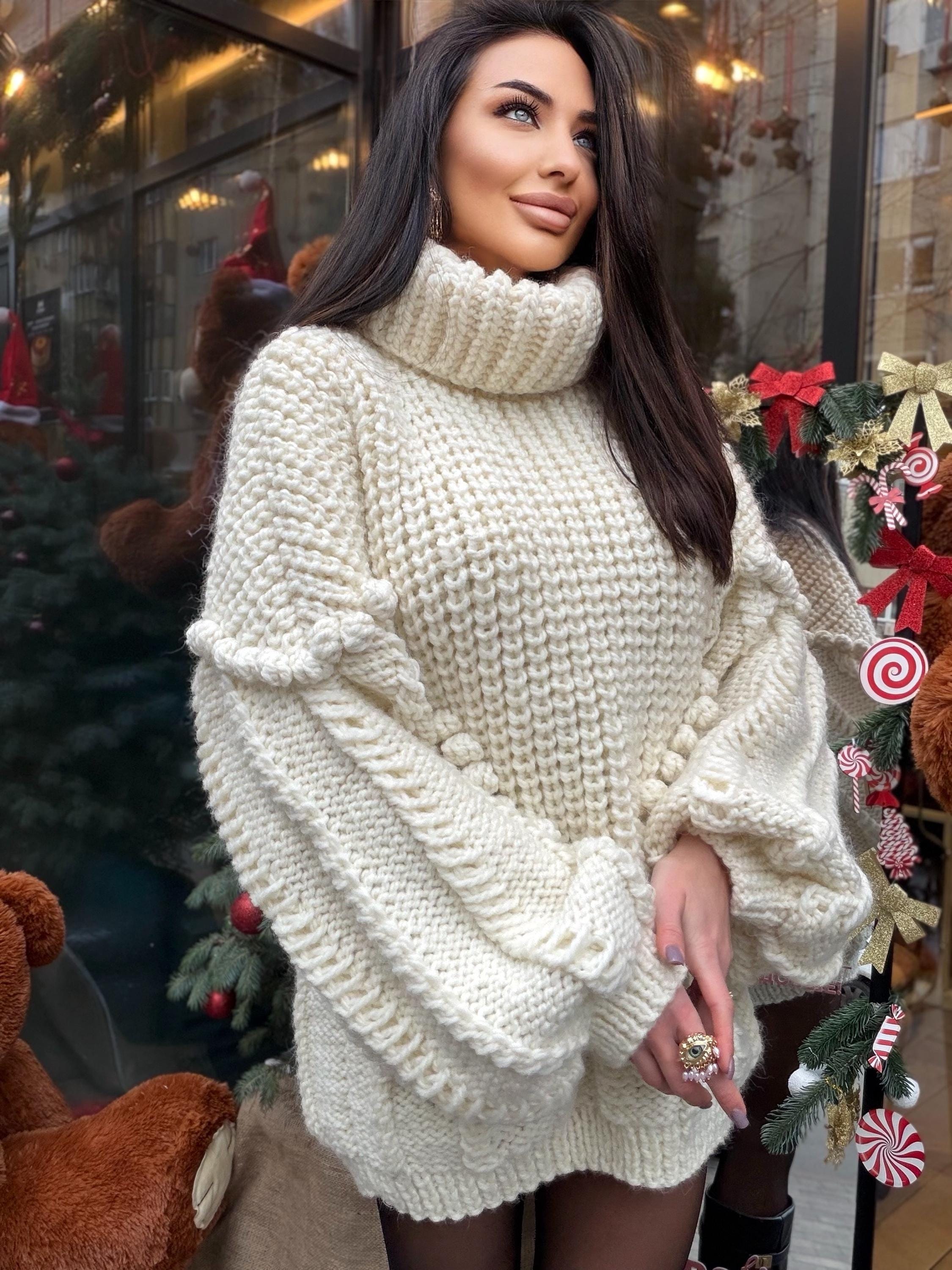 Big alpaca wool hand knit White Milk sweater dress turtleneck Cable knit high collar big sweater Chunky knitted Super Bulky Sweater dress