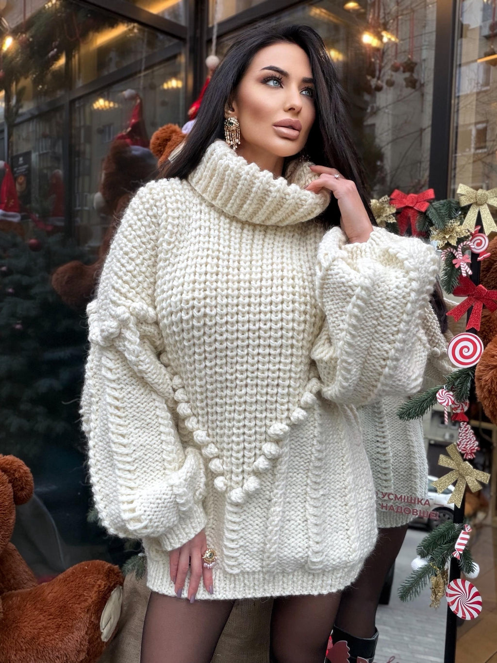 Big alpaca wool hand knit White Milk sweater dress turtleneck Cable knit high collar big sweater Chunky knitted Super Bulky Sweater dress