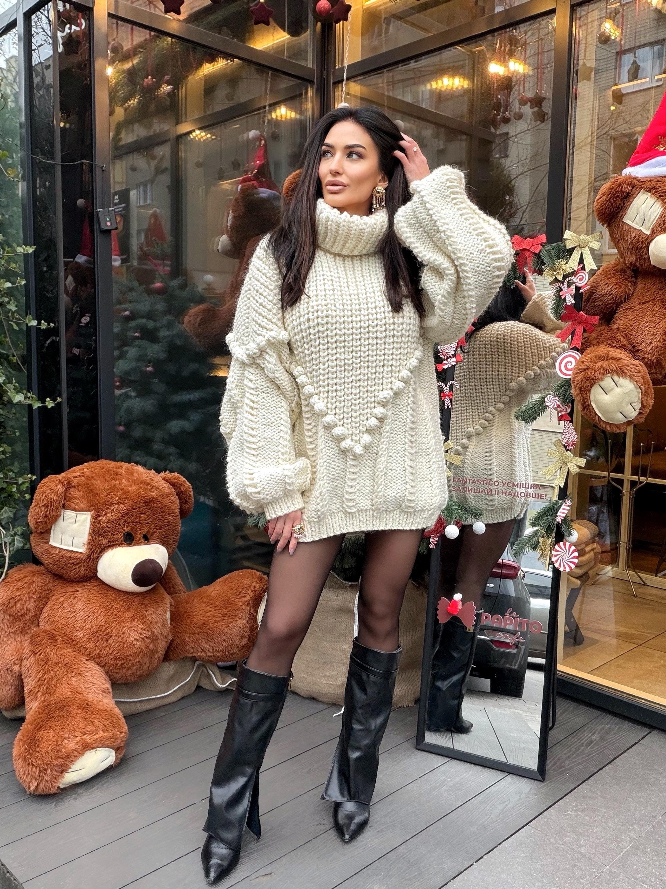 Big alpaca wool hand knit White Milk sweater dress turtleneck Cable knit high collar big sweater Chunky knitted Super Bulky Sweater dress