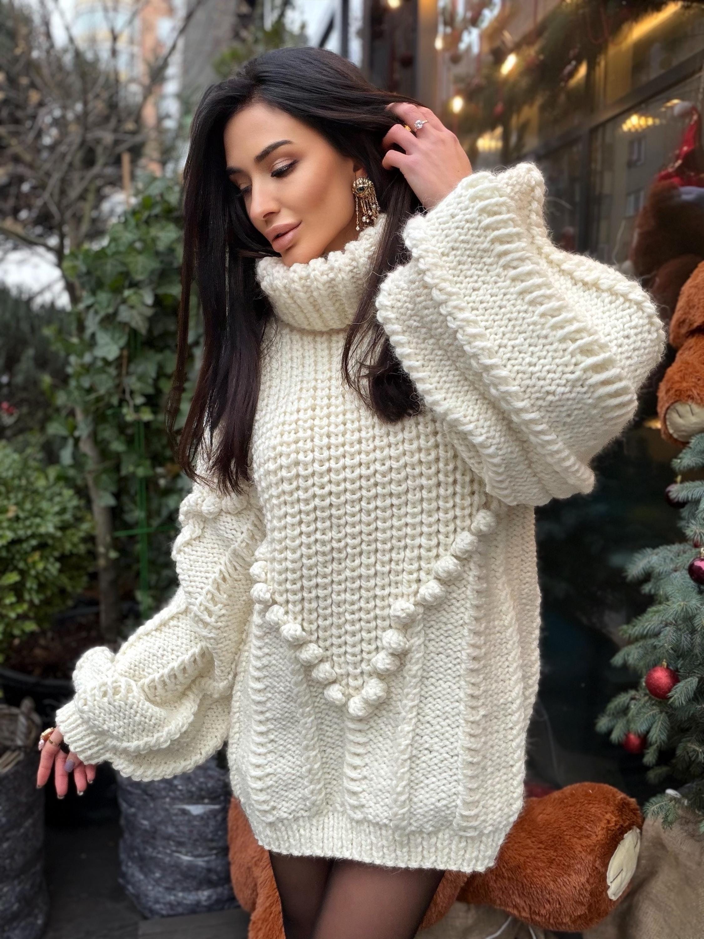 Big alpaca wool hand knit White Milk sweater dress turtleneck Cable knit high collar big sweater Chunky knitted Super Bulky Sweater dress