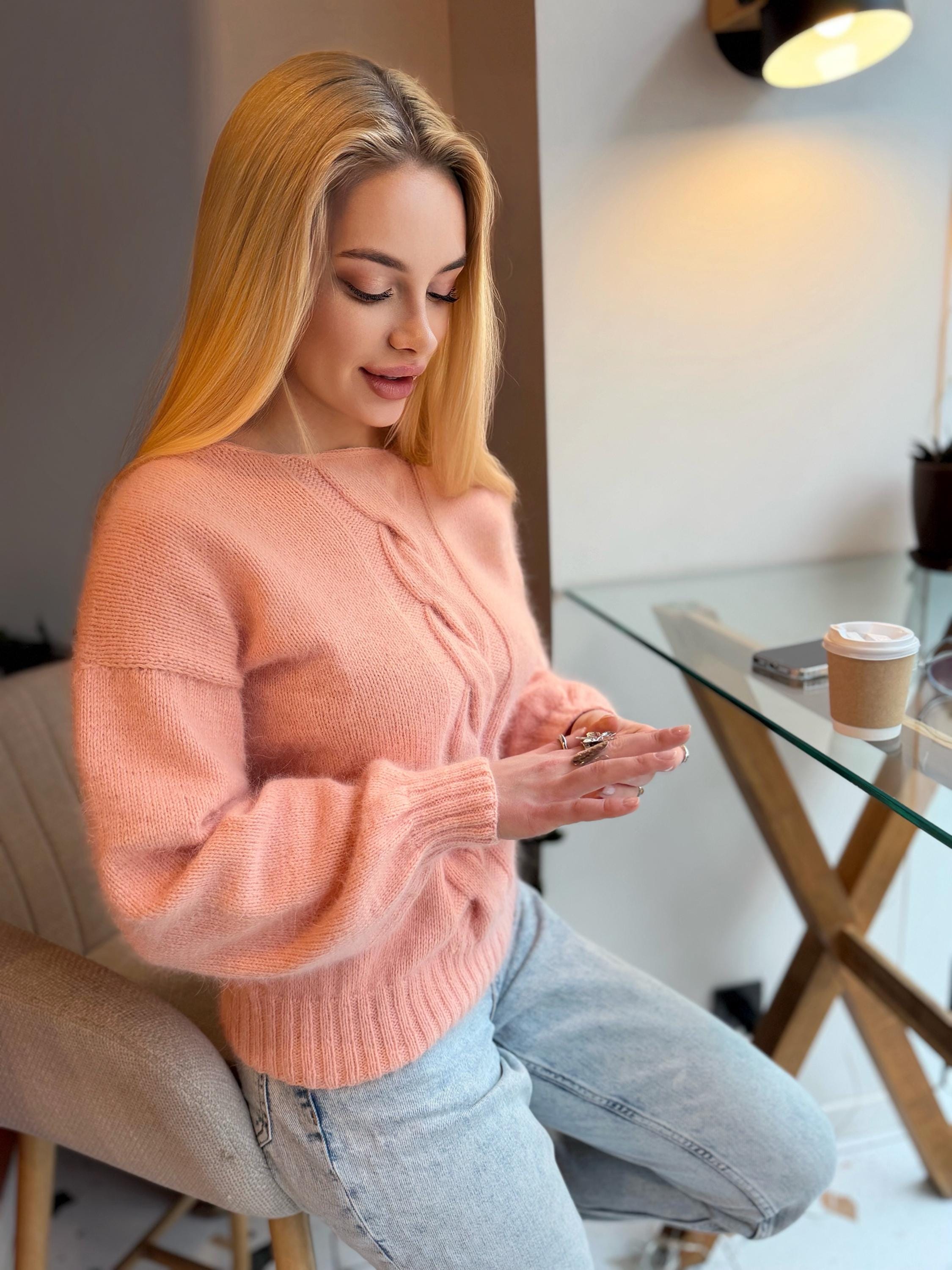 Hand knit angora sweater Soft peach Open back Deep neckline Knit fluffy angora pullover Loose fit oversized V-neck Top long sleevs Cozy