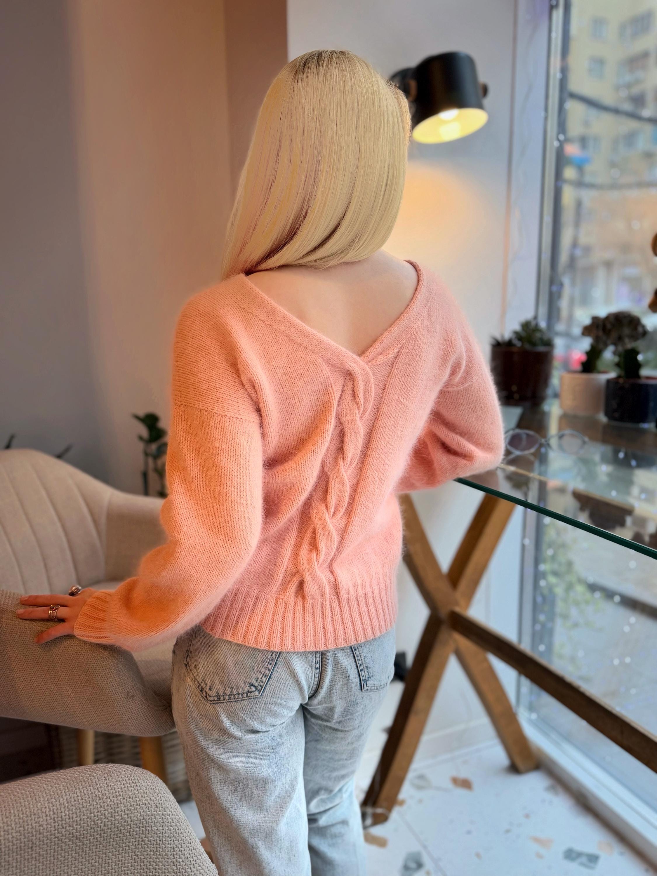 Hand knit angora sweater Soft peach Open back Deep neckline Knit fluffy angora pullover Loose fit oversized V-neck Top long sleevs Cozy