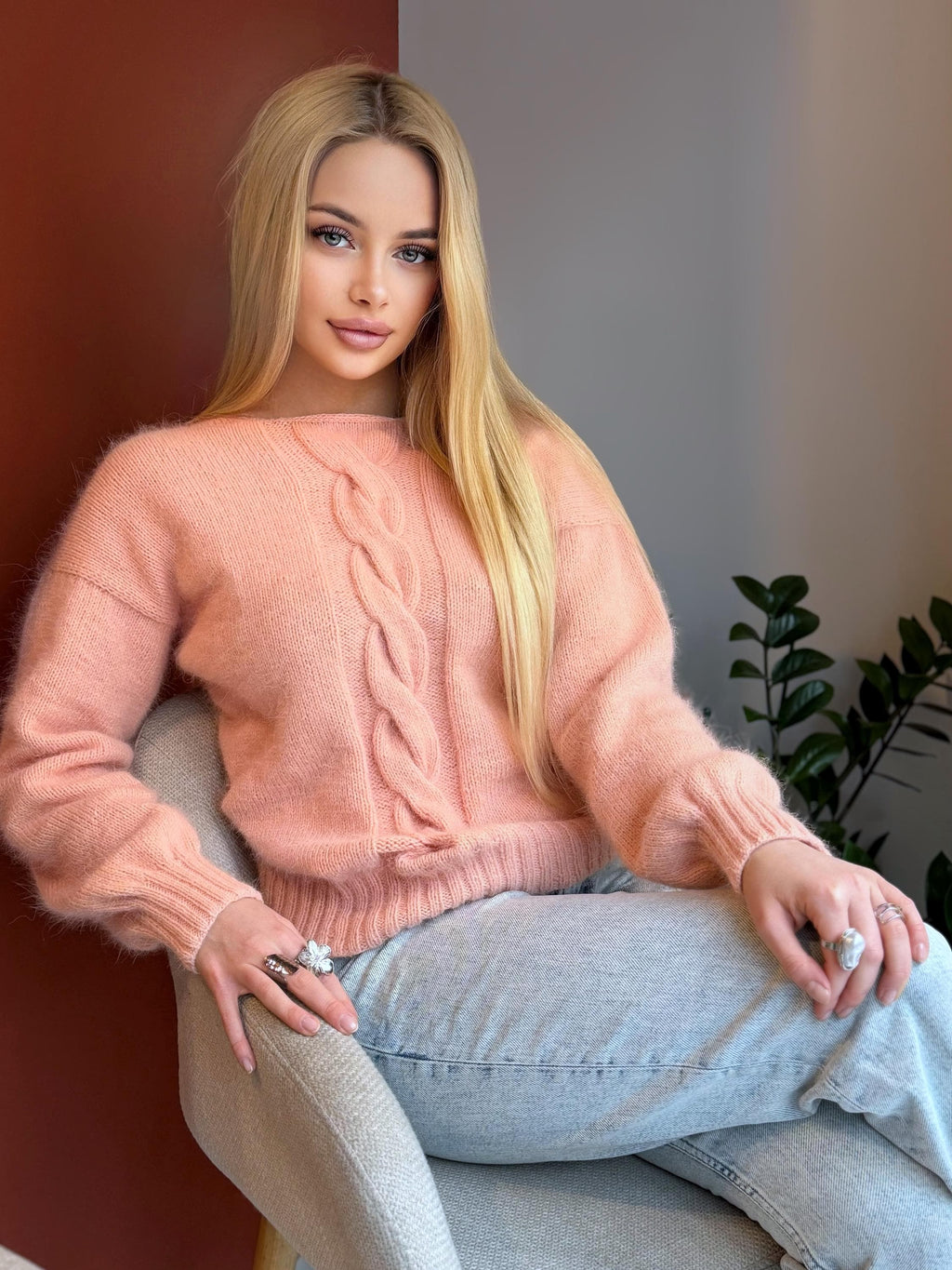 Hand knit angora sweater Soft peach Open back Deep neckline Knit fluffy angora pullover Loose fit oversized V-neck Top long sleevs Cozy