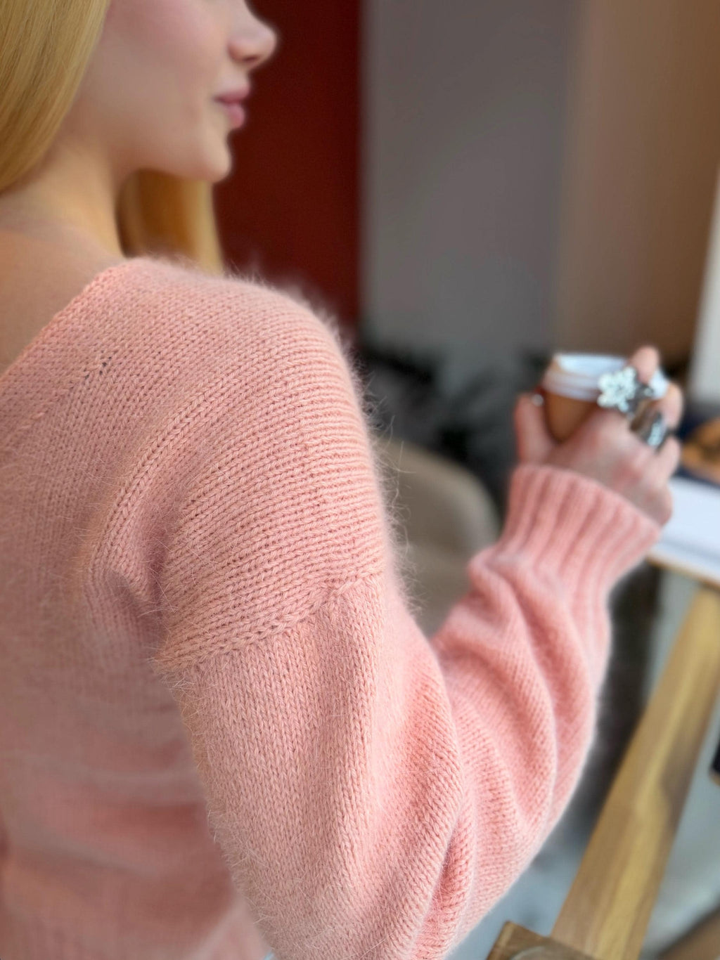 Hand knit angora sweater Soft peach Open back Deep neckline Knit fluffy angora pullover Loose fit oversized V-neck Top long sleevs Cozy