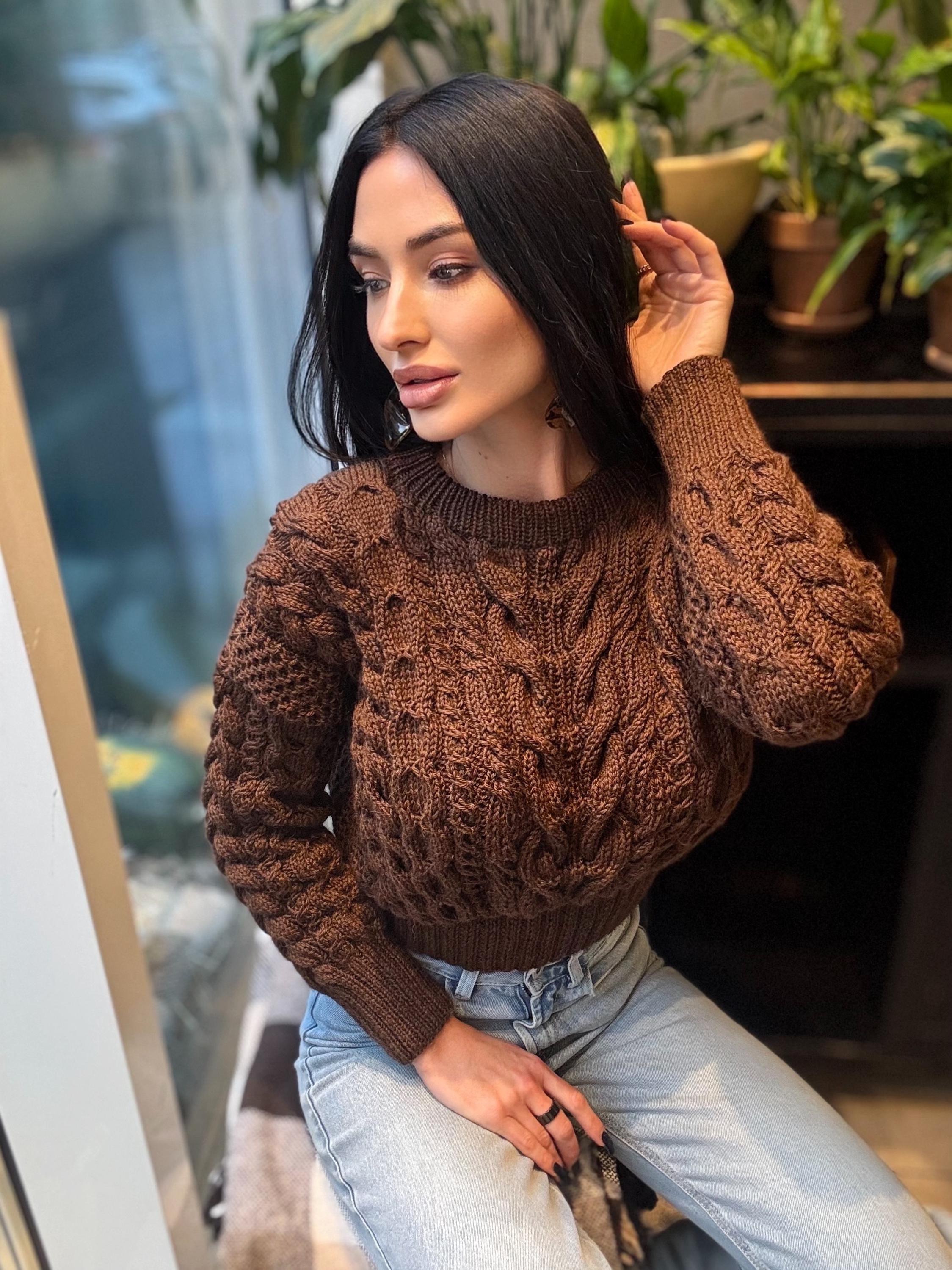Crop hand knit merino wool Chocolate aran sweater top women Crop jumper Cable knitting Loose knit oversized High waist