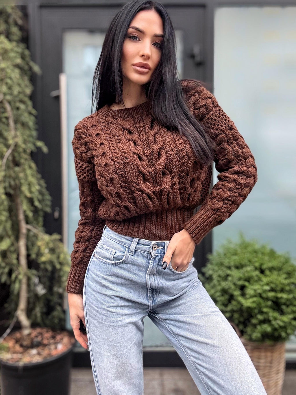 Crop hand knit merino wool Chocolate aran sweater top women Crop jumper Cable knitting Loose knit oversized High waist