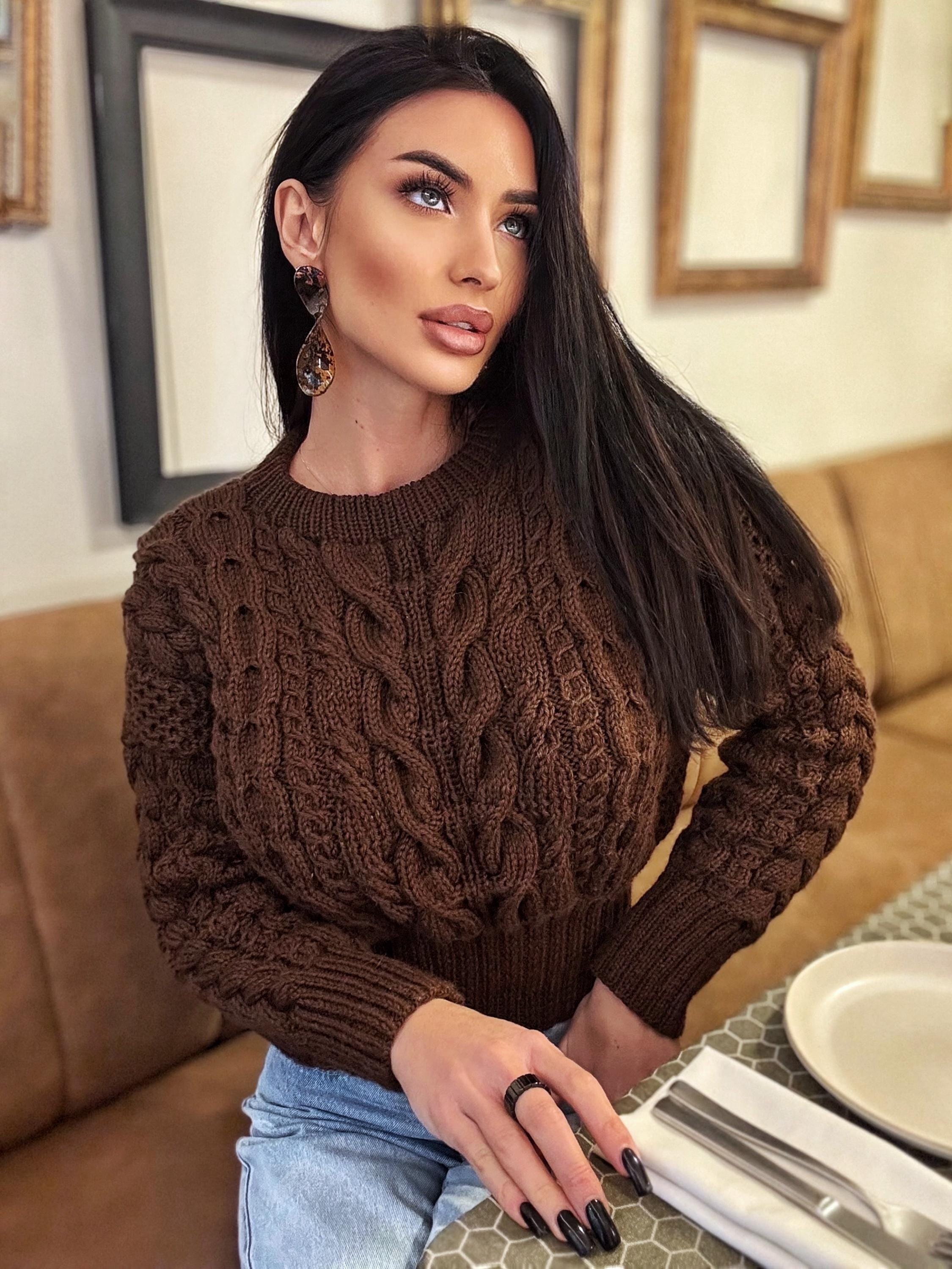 Crop hand knit merino wool Chocolate aran sweater top women Crop jumper Cable knitting Loose knit oversized High waist