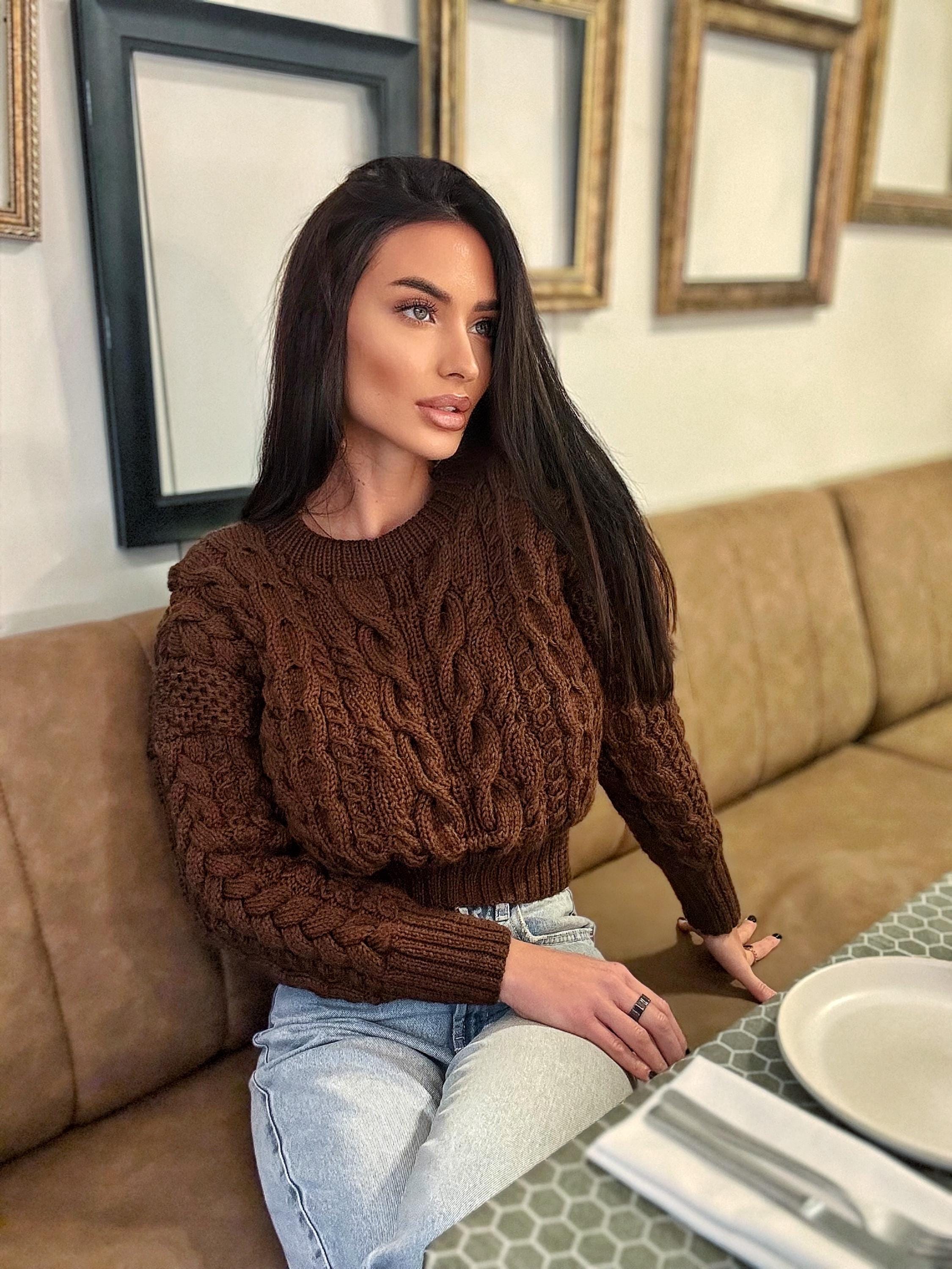 Crop hand knit merino wool Chocolate aran sweater top women Crop jumper Cable knitting Loose knit oversized High waist