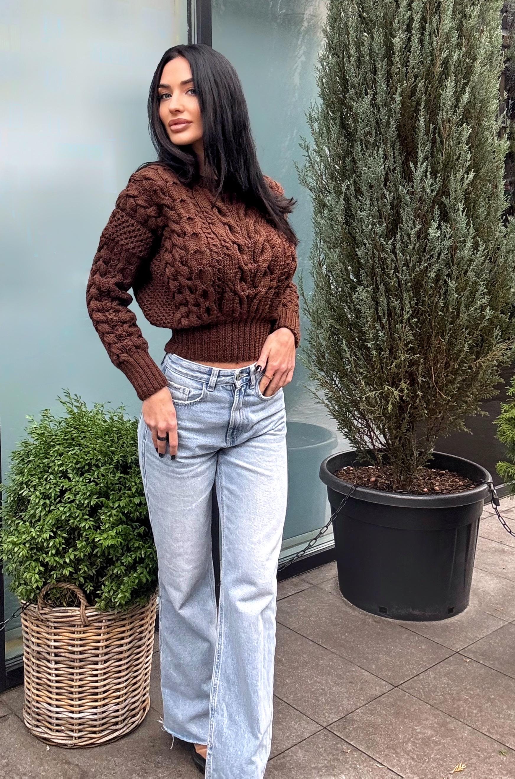 Crop hand knit merino wool Chocolate aran sweater top women Crop jumper Cable knitting Loose knit oversized High waist