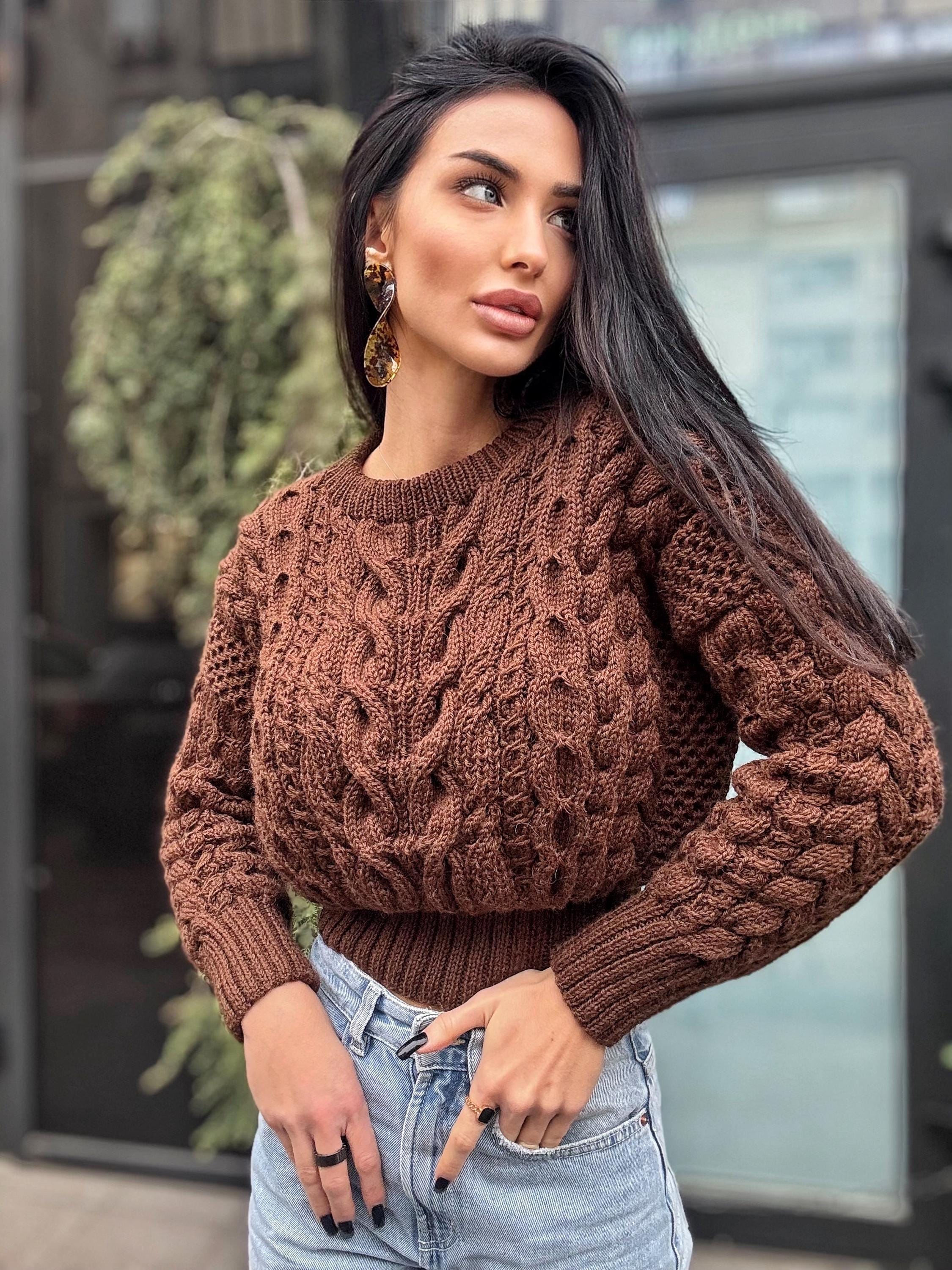 Crop hand knit merino wool Chocolate aran sweater top women Crop jumper Cable knitting Loose knit oversized High waist
