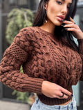 Crop hand knit merino wool Chocolate aran sweater top women Crop jumper Cable knitting Loose knit oversized High waist