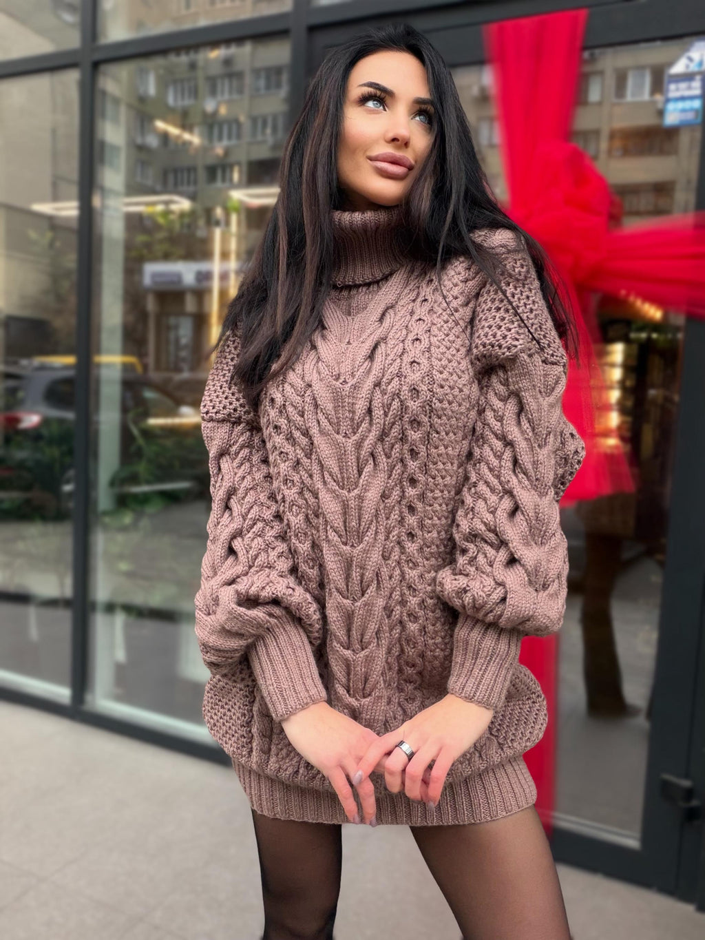 Aran long hand knitted beige light brown merino wool sweater dress Turtleneck cable knit pullover women Сhunky knit big sweater