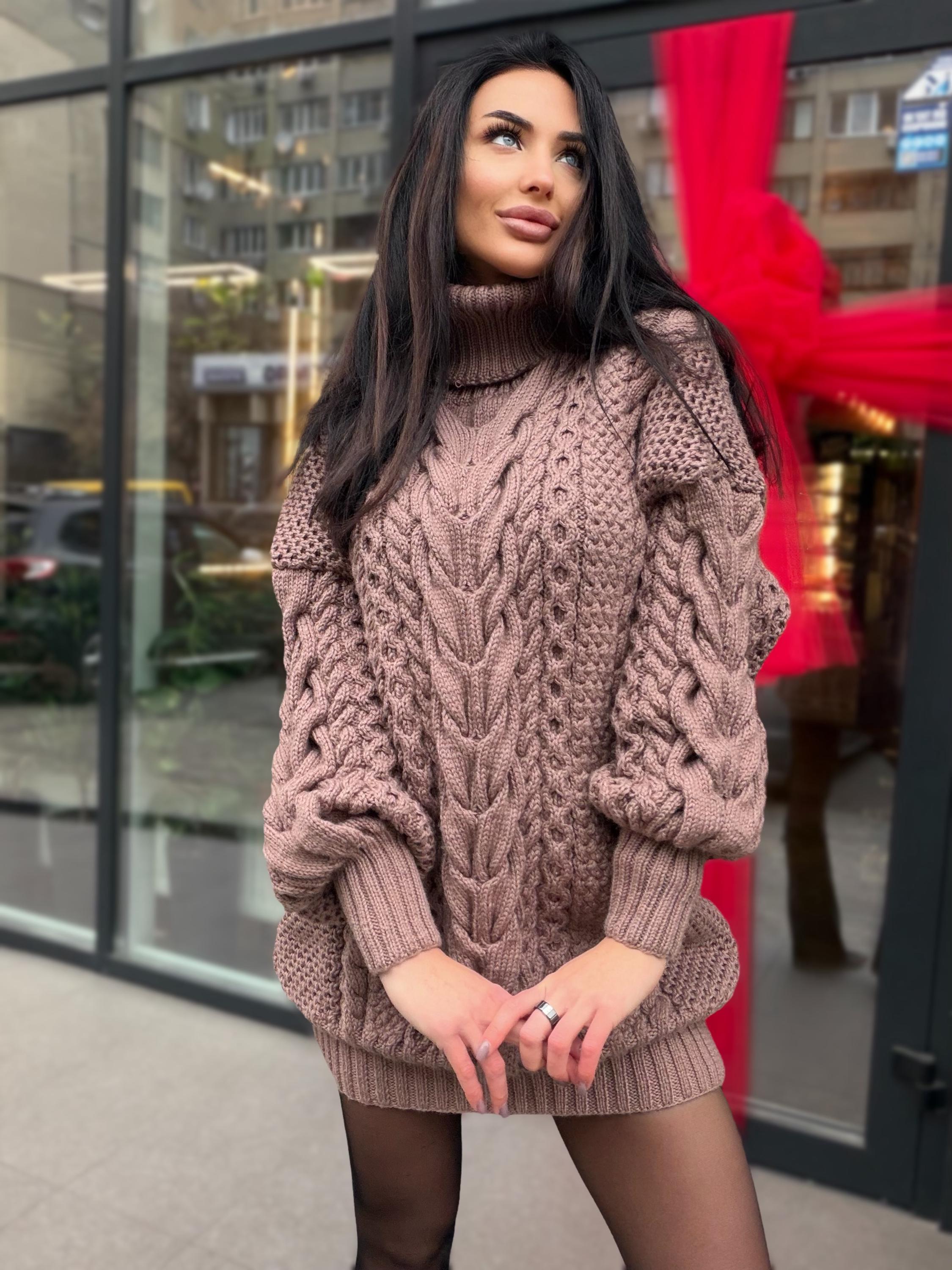 Aran long hand knitted beige light brown merino wool sweater dress Turtleneck cable knit pullover women Сhunky knit big sweater