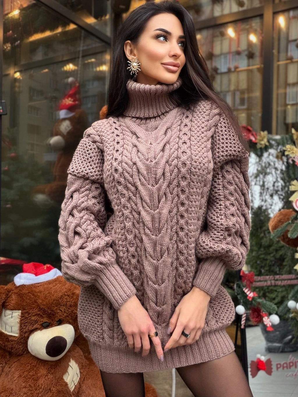 Aran long hand knitted beige light brown merino wool sweater dress Turtleneck cable knit pullover women Сhunky knit big sweater