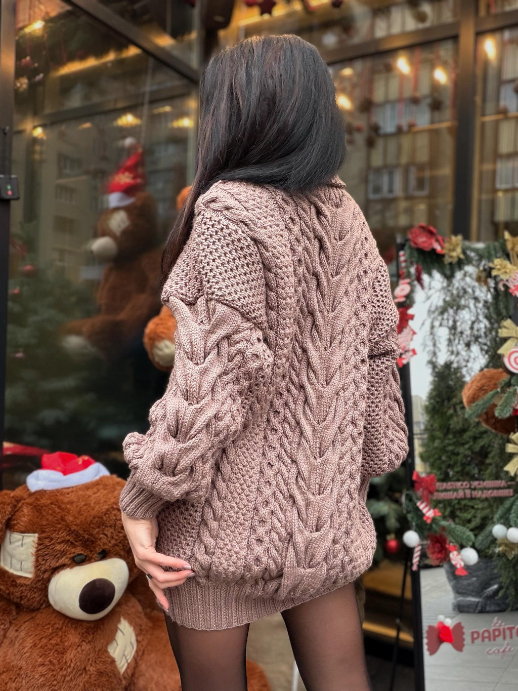 Aran long hand knitted beige light brown merino wool sweater dress Turtleneck cable knit pullover women Сhunky knit big sweater