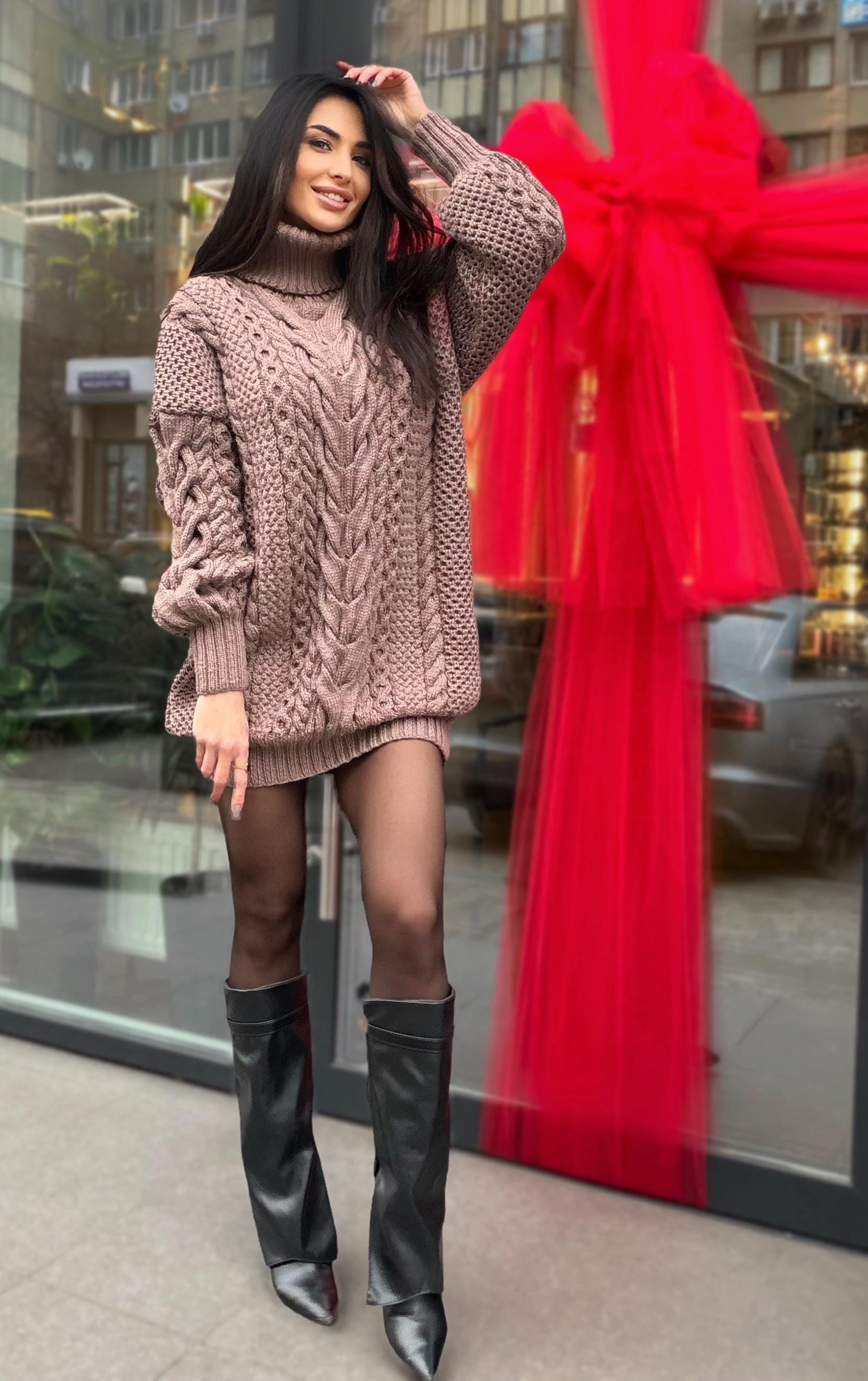 Aran long hand knitted beige light brown merino wool sweater dress Turtleneck cable knit pullover women Сhunky knit big sweater