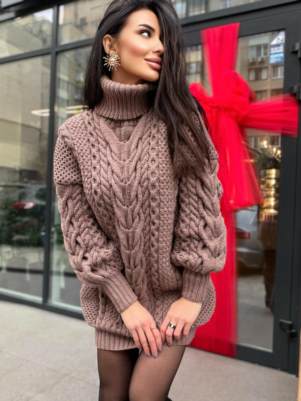 Aran long hand knitted beige light brown merino wool sweater dress Turtleneck cable knit pullover women Сhunky knit big sweater