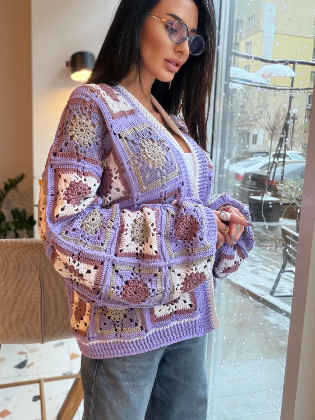 Crochet granny square Lilac cotton cardigan Crochet colorful cardigan Patchwork women Jacket Crochet coat Boho cardigan Afghan Coat Festival