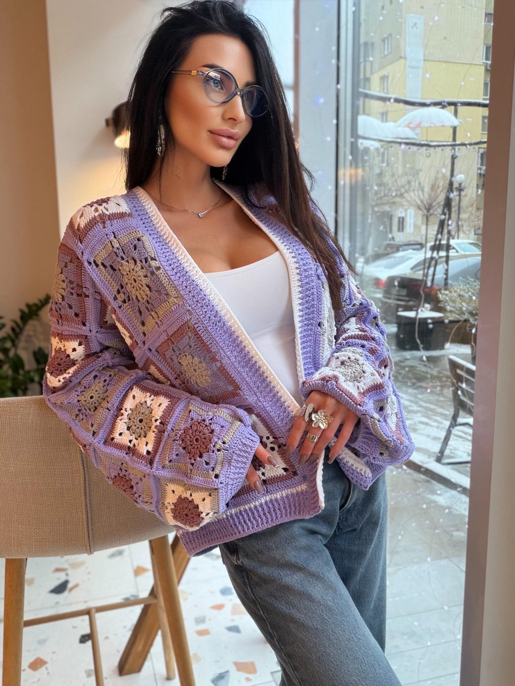 Crochet granny square Lilac cotton cardigan Crochet colorful cardigan Patchwork women Jacket Crochet coat Boho cardigan Afghan Coat Festival