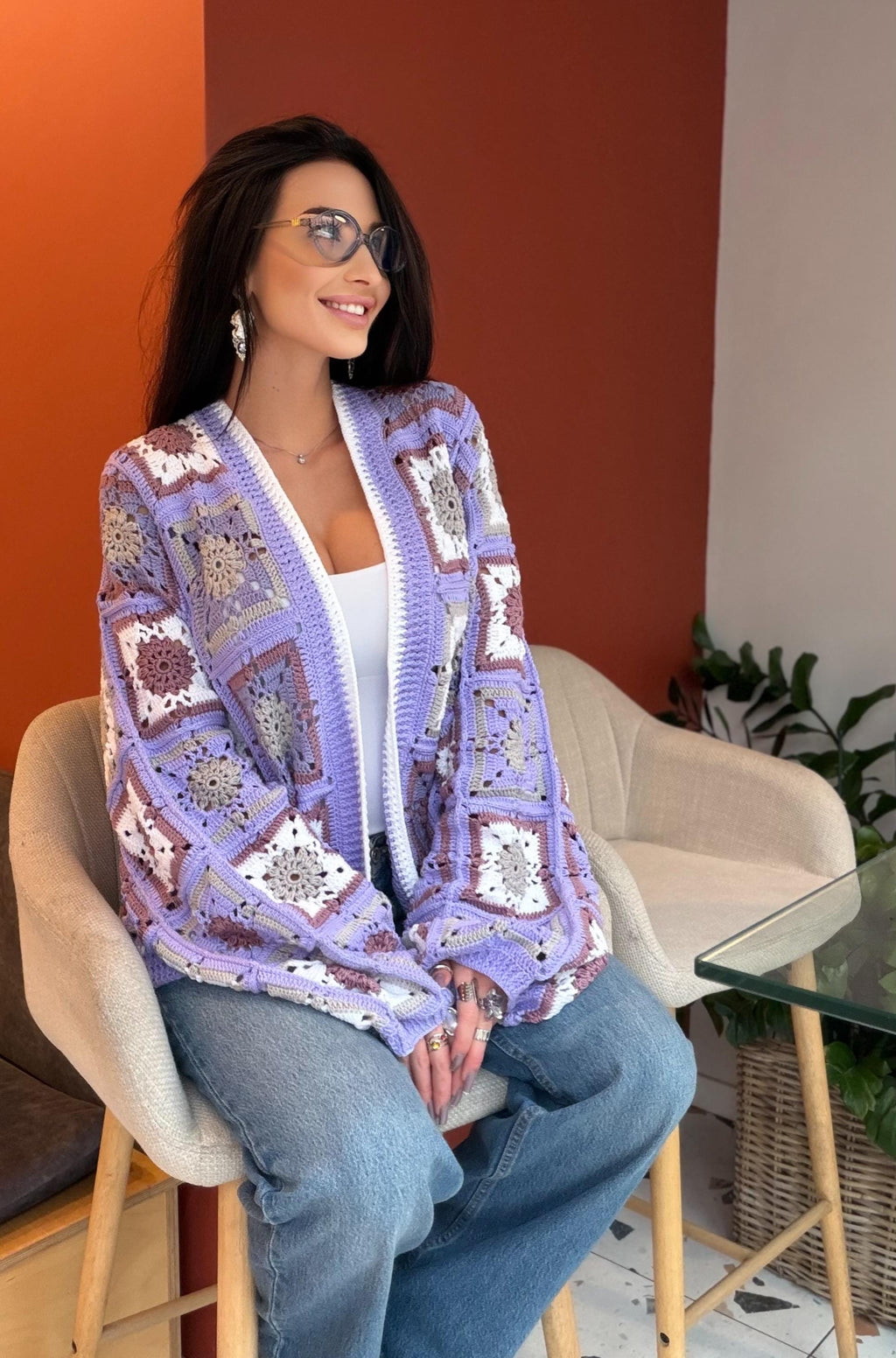 Crochet granny square Lilac cotton cardigan Crochet colorful cardigan Patchwork women Jacket Crochet coat Boho cardigan Afghan Coat Festival