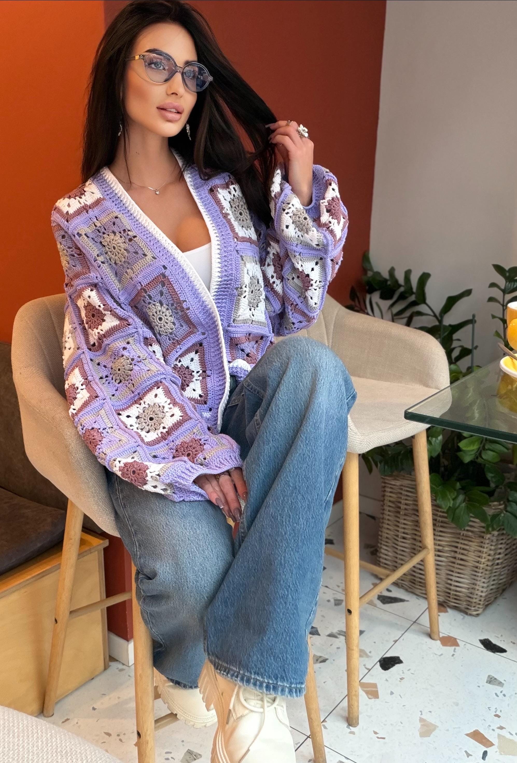 Crochet granny square Lilac cotton cardigan Crochet colorful cardigan Patchwork women Jacket Crochet coat Boho cardigan Afghan Coat Festival