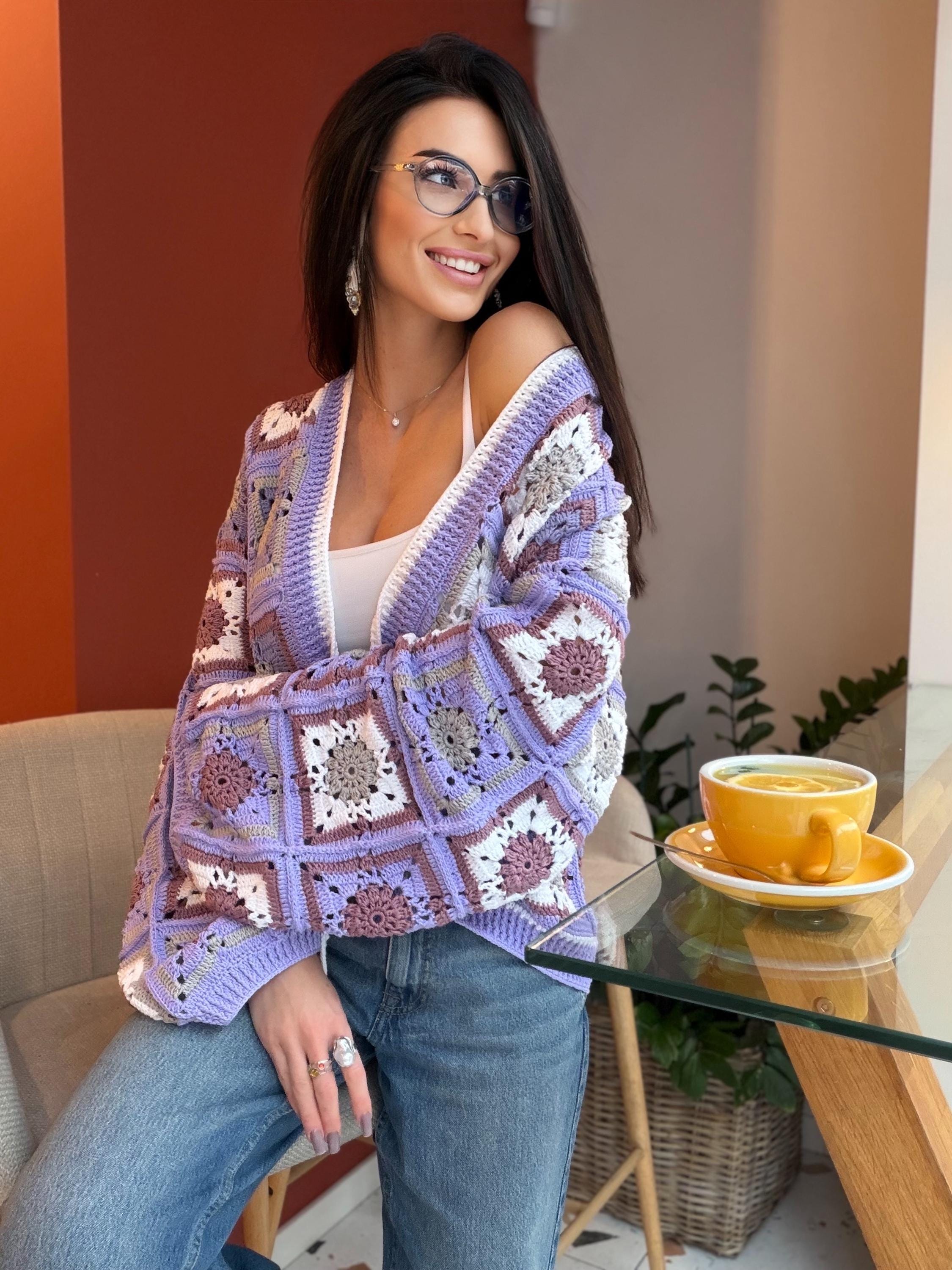 Crochet granny square Lilac cotton cardigan Crochet colorful cardigan Patchwork women Jacket Crochet coat Boho cardigan Afghan Coat Festival
