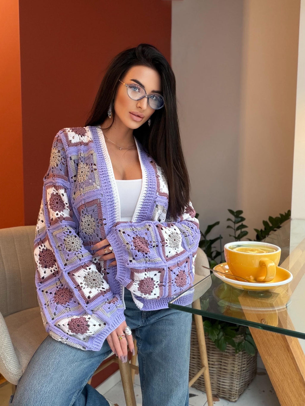Crochet granny square Lilac cotton cardigan Crochet colorful cardigan Patchwork women Jacket Crochet coat Boho cardigan Afghan Coat Festival