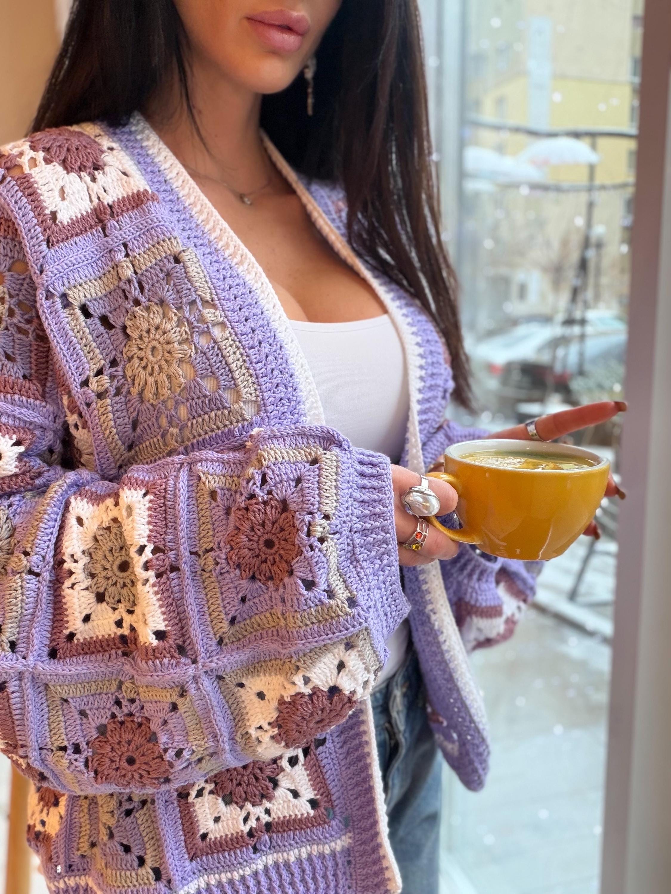 Crochet granny square Lilac cotton cardigan Crochet colorful cardigan Patchwork women Jacket Crochet coat Boho cardigan Afghan Coat Festival