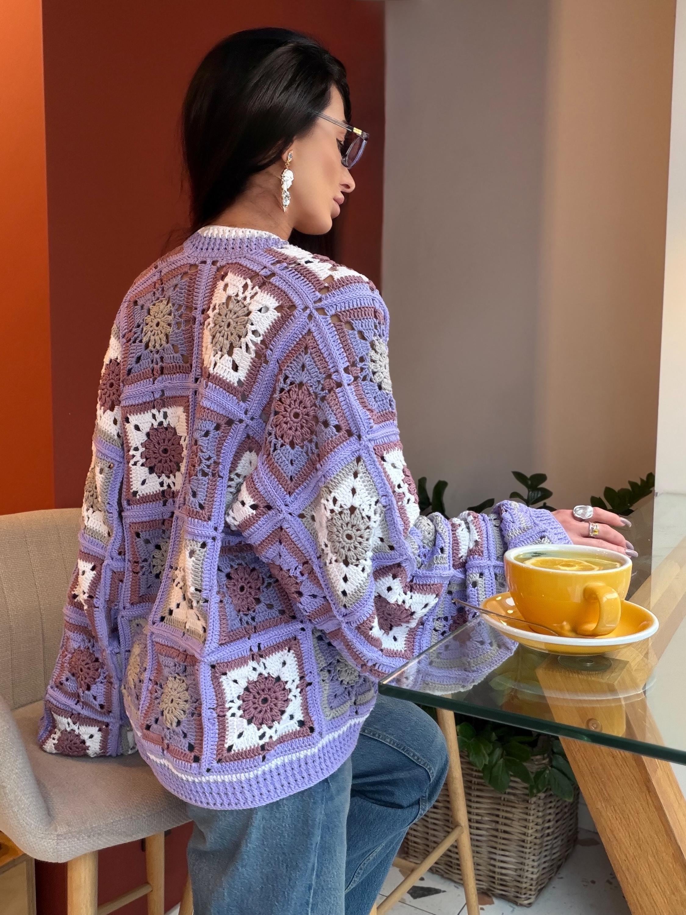 Crochet granny square Lilac cotton cardigan Crochet colorful cardigan Patchwork women Jacket Crochet coat Boho cardigan Afghan Coat Festival
