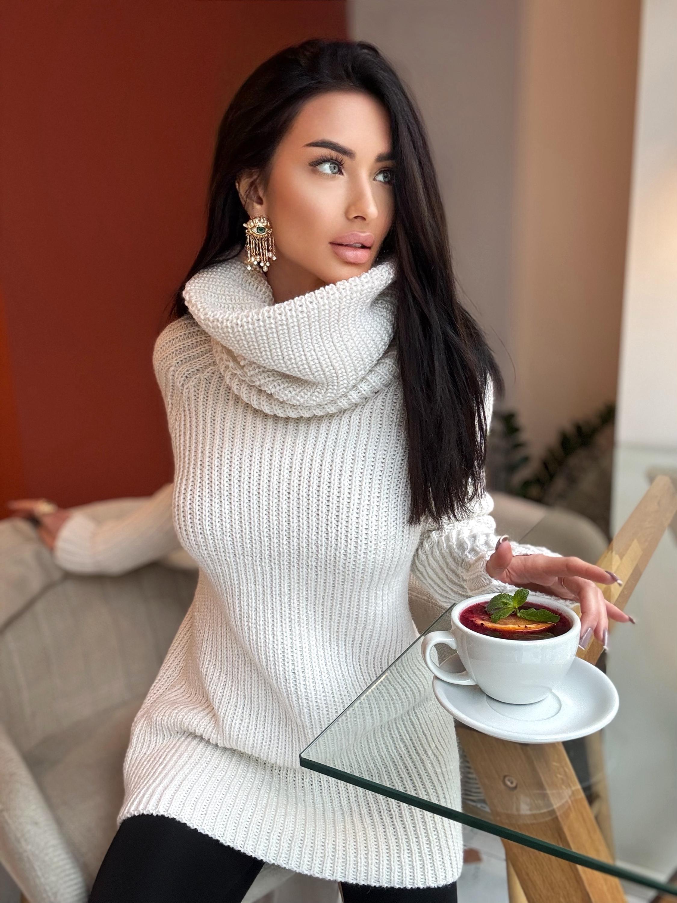White milk pastel hand knit big collar long sweater turtleneck Cable Knit Pastel wool pullover Womens Chunky knit sweater dress