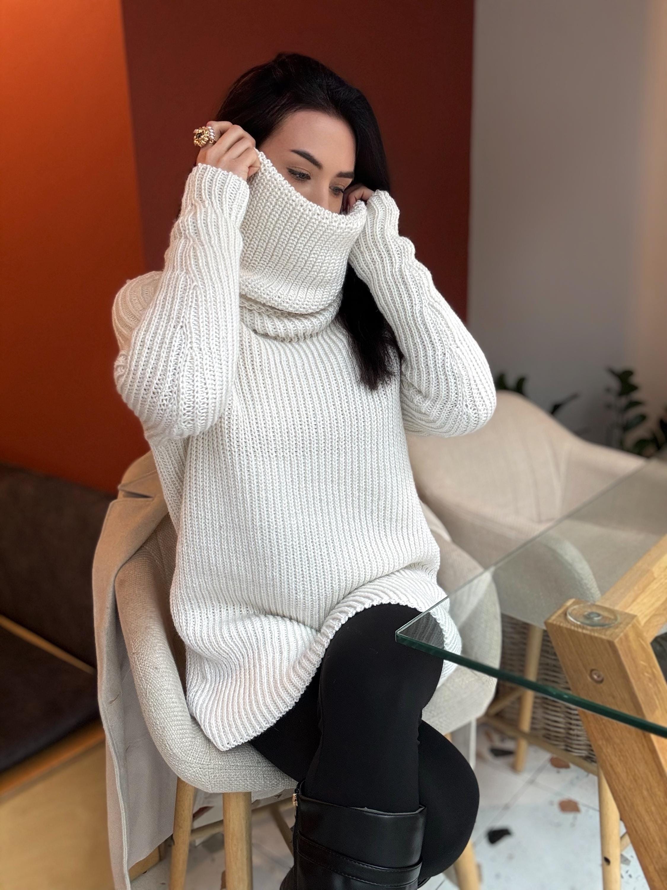 White milk pastel hand knit big collar long sweater turtleneck Cable Knit Pastel wool pullover Womens Chunky knit sweater dress