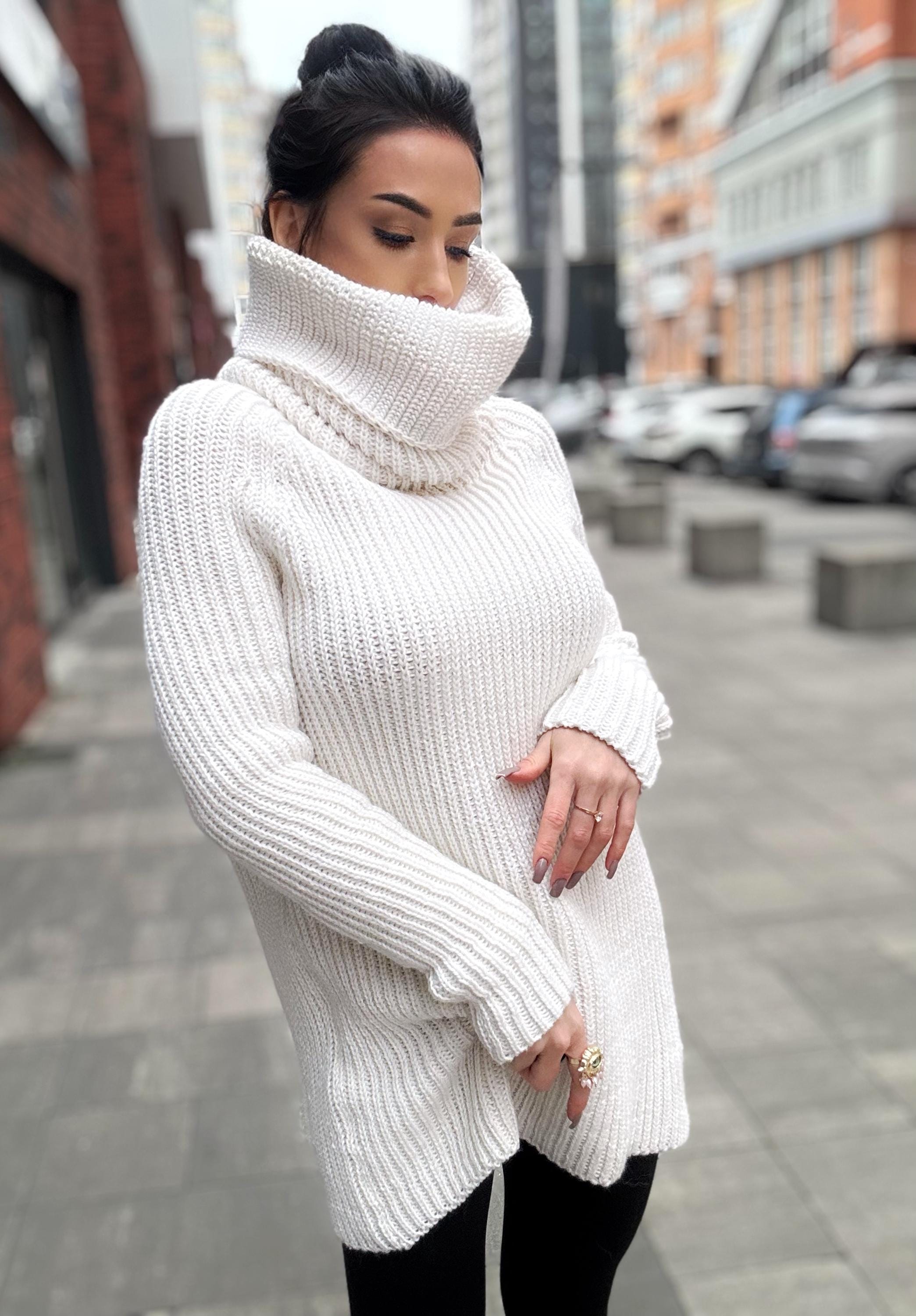 White milk pastel hand knit big collar long sweater turtleneck Cable Knit Pastel wool pullover Womens Chunky knit sweater dress