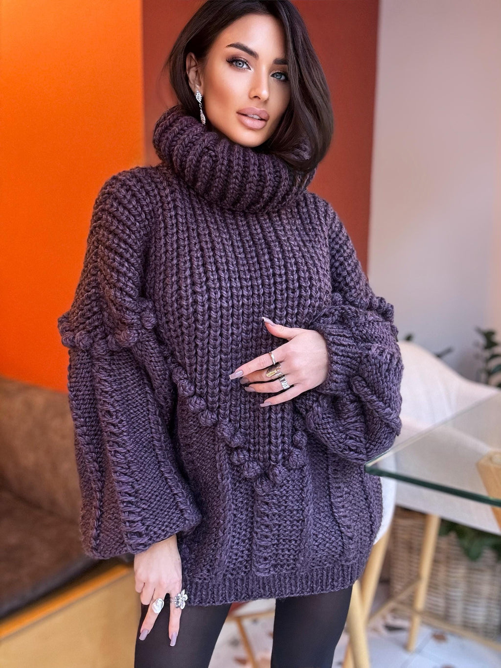 Large cable hand knit dark blue alpaca wool sweater unisex Cable knit pullover high collar Knitted big turtleneck Super Bulky Sweater dress
