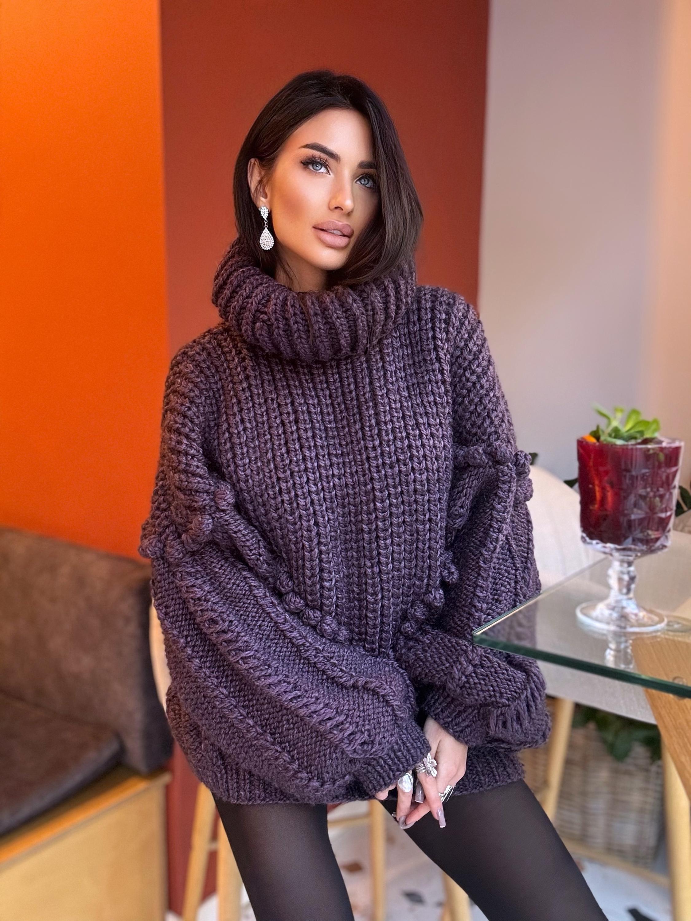 Large cable hand knit dark blue alpaca wool sweater unisex Cable knit pullover high collar Knitted big turtleneck Super Bulky Sweater dress