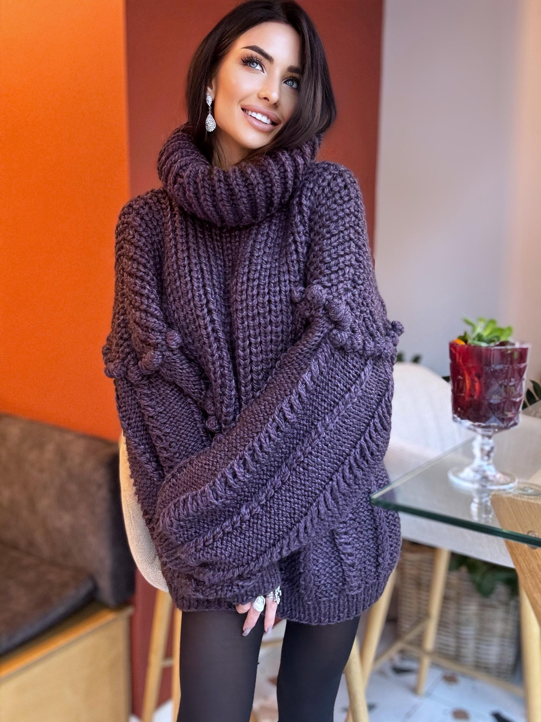 Large cable hand knit dark blue alpaca wool sweater unisex Cable knit pullover high collar Knitted big turtleneck Super Bulky Sweater dress